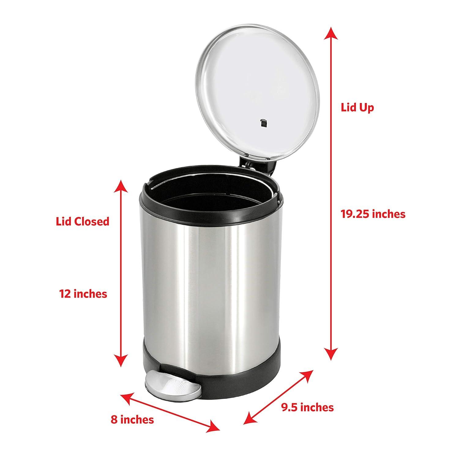 Glad Small Trash Can, 1.2 Gallon | Round Stainless Steel Garbage Bin with Soft Close Lid & Step Foot Pedal | Metal Waste Basket with Removable Inner Bucket, Stainless