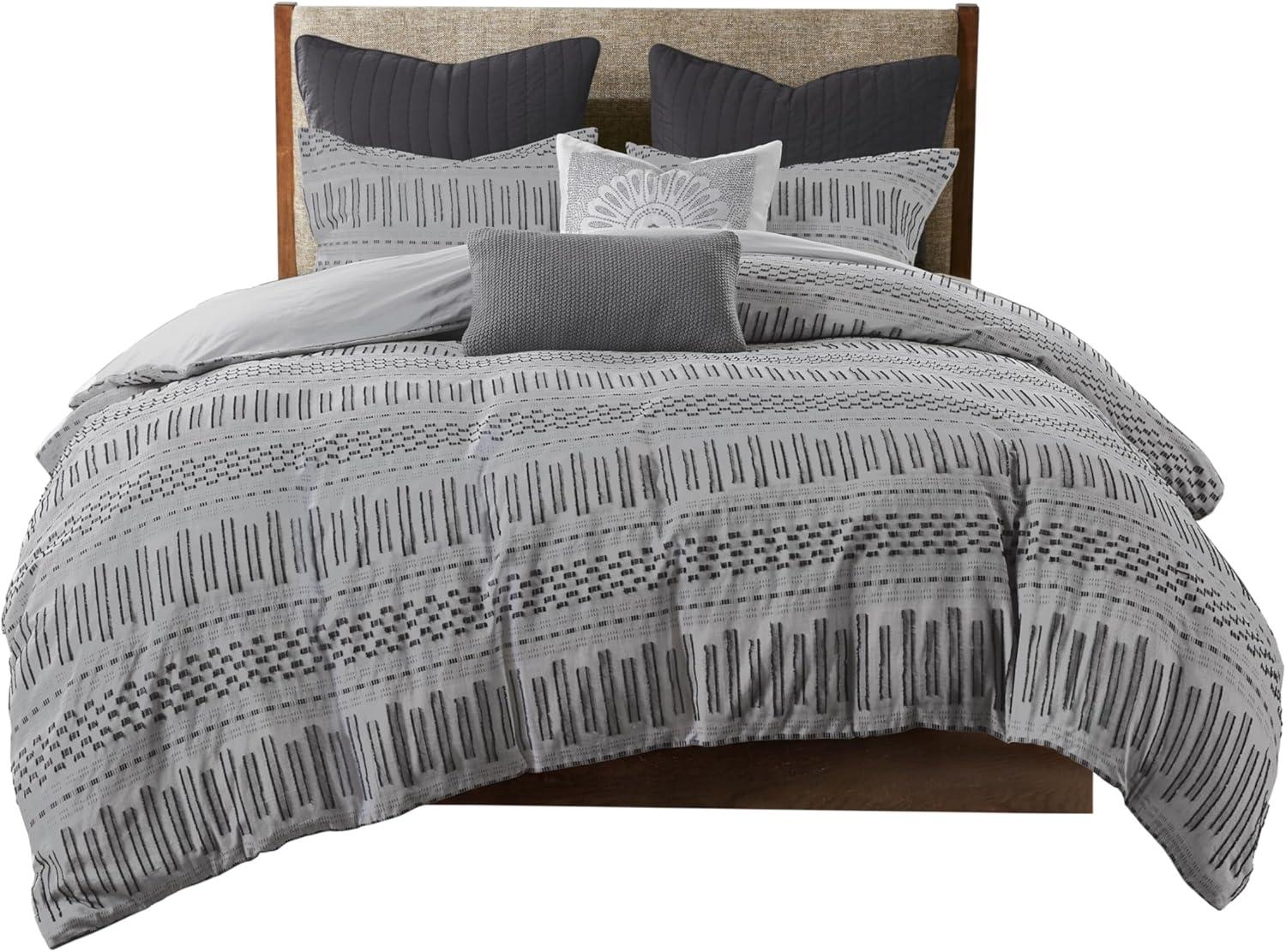 King/California King Rhea Cotton Jacquard Comforter Mini Set Black/Gray: Ink+Ivy, Geometric Pattern, OEKO-TEX Certified