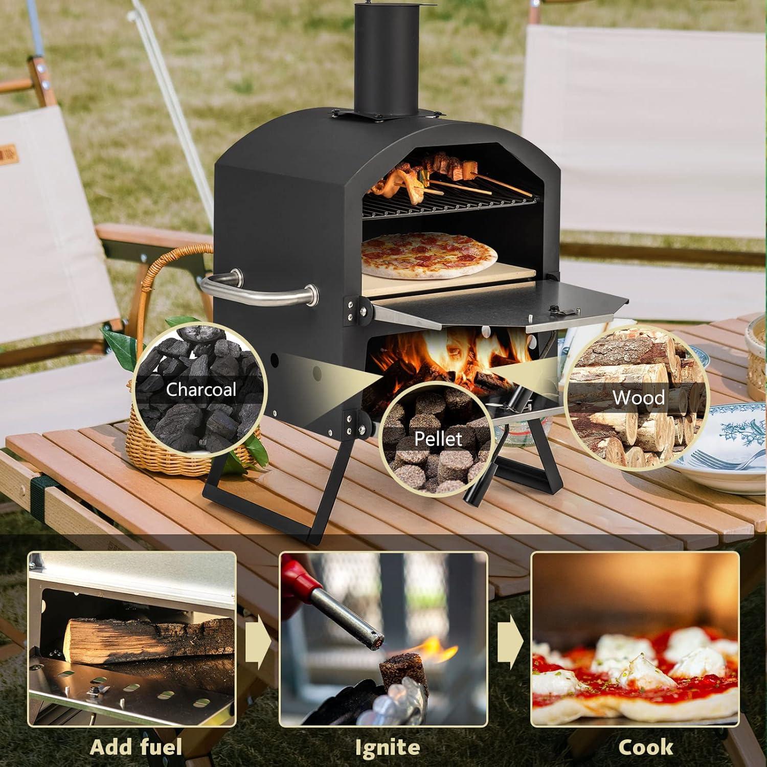 Spaco Grill, Outdoor BBQ Grill,Outdoor Pizza Oven with Anti-scalding Handles and Foldable Legs-Black