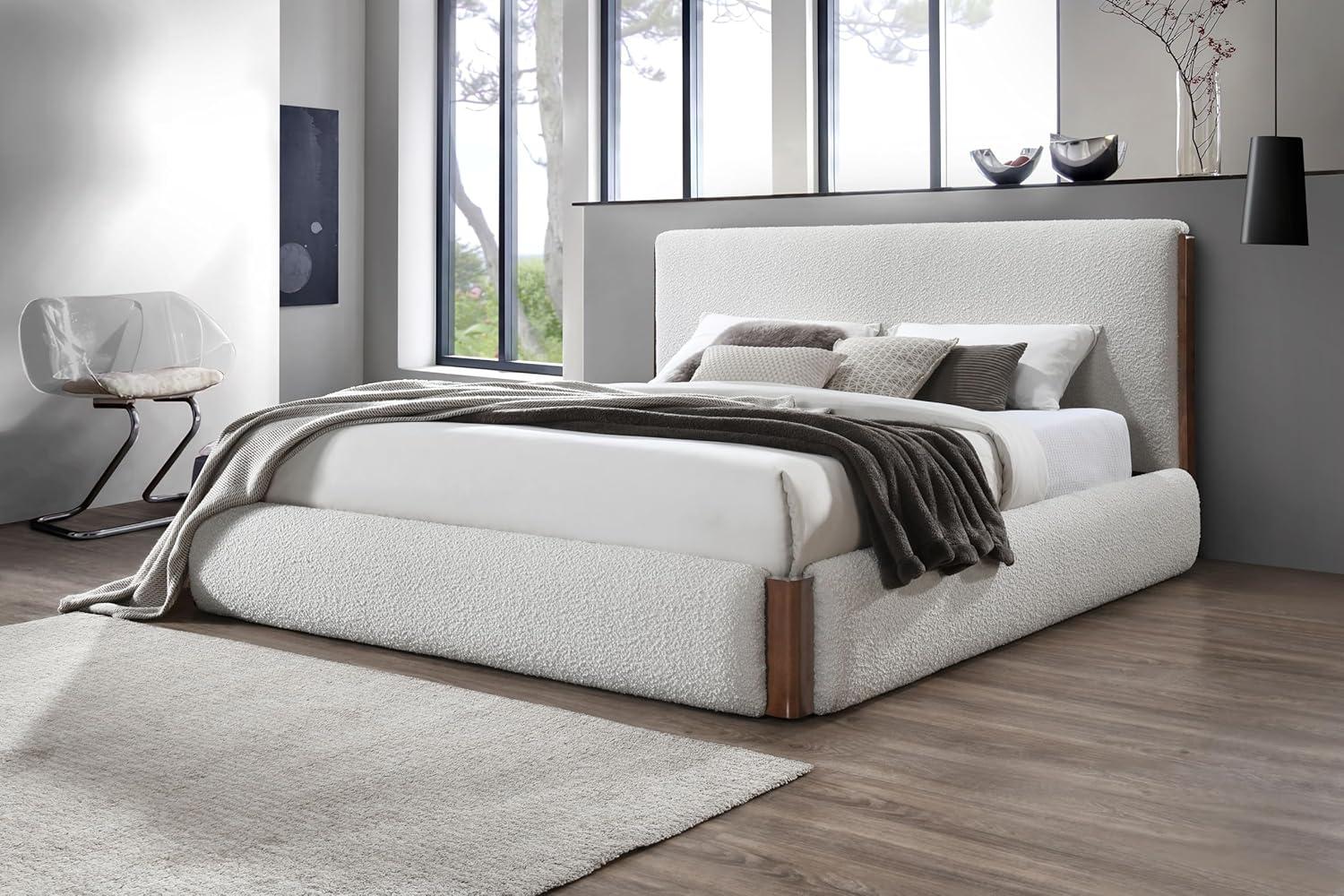 88.98" Queen Bed Sandro Bed White Boucle & Walnut Finish - Acme Furniture: Linen Upholstery, Chrome Frame, No Tools Assembly