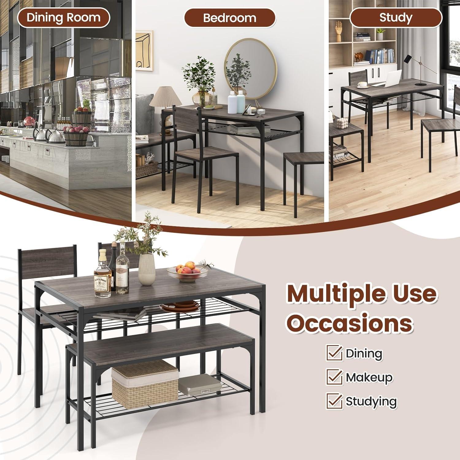 Costway 4 PCS Dinette Set for Small Place Breakfast Nook Modern Dining Table with 2 Chairs Grey