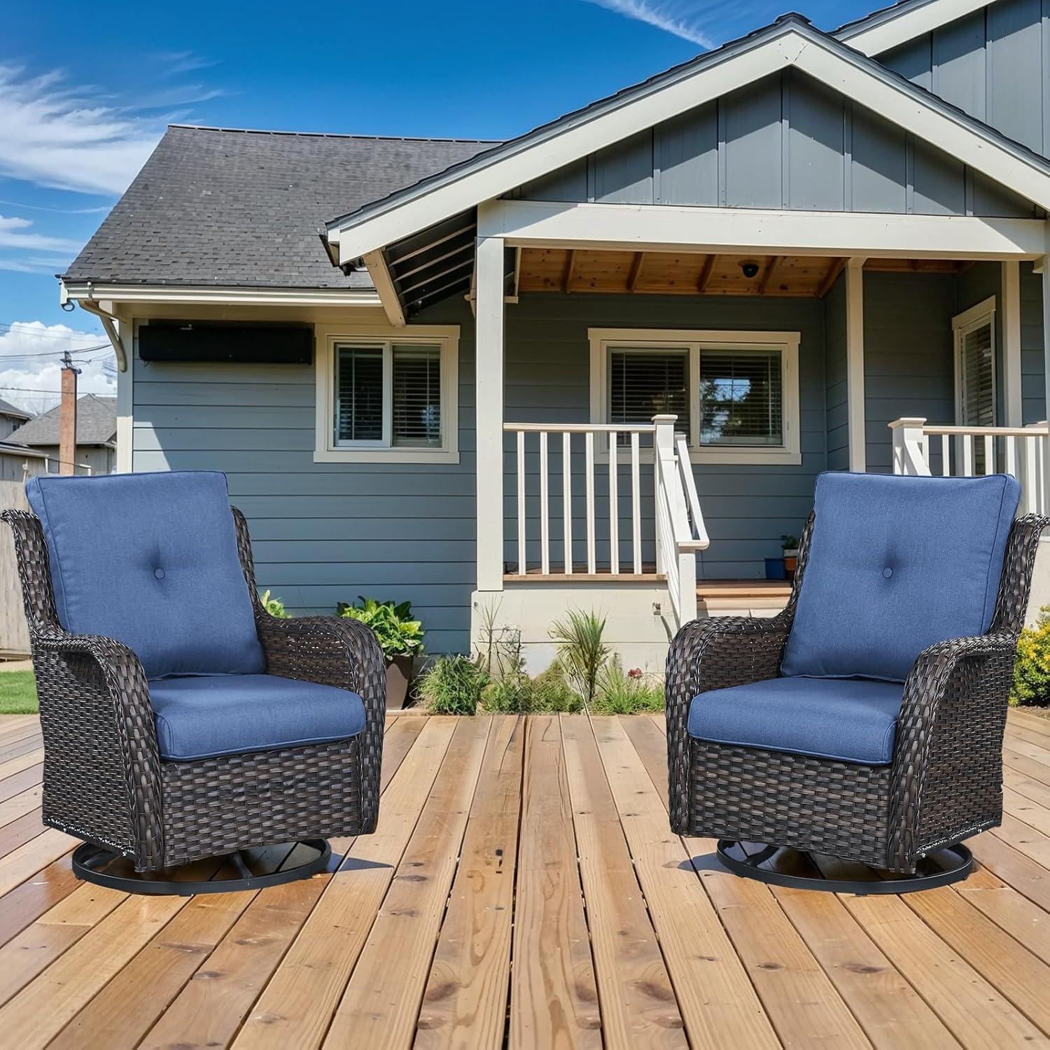 Outdoor Swivel Rocker Patio Chairs-Wicker Patio Swivel Chairs Set of 2 PE Rattan Patio Furniture for Porch Deck Balcony Garden-Brown/Blue