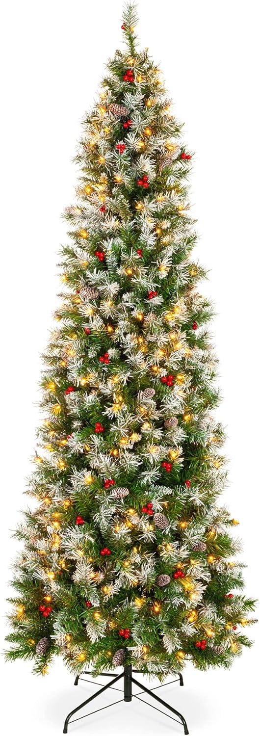 9ft Pre-Lit Frosted Pencil Christmas Tree with Pine Cones and Lights