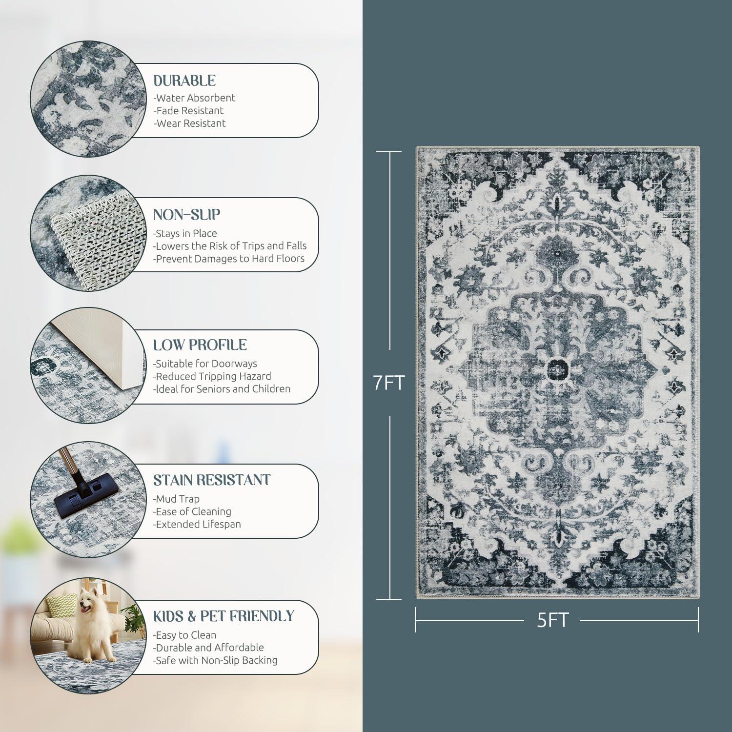 Gray 5' x 7' Vintage Washable Non-Slip Area Rug