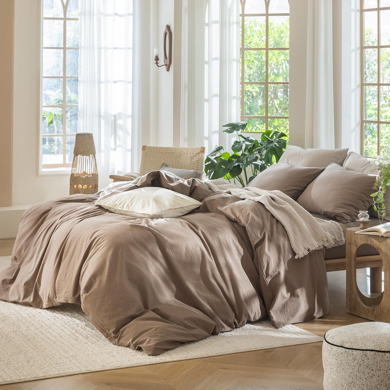 MooMee Washed Cotton Duvet Cover Set Linen Like Textured Breathable 3-Piece (Mocha Brown, Queen)