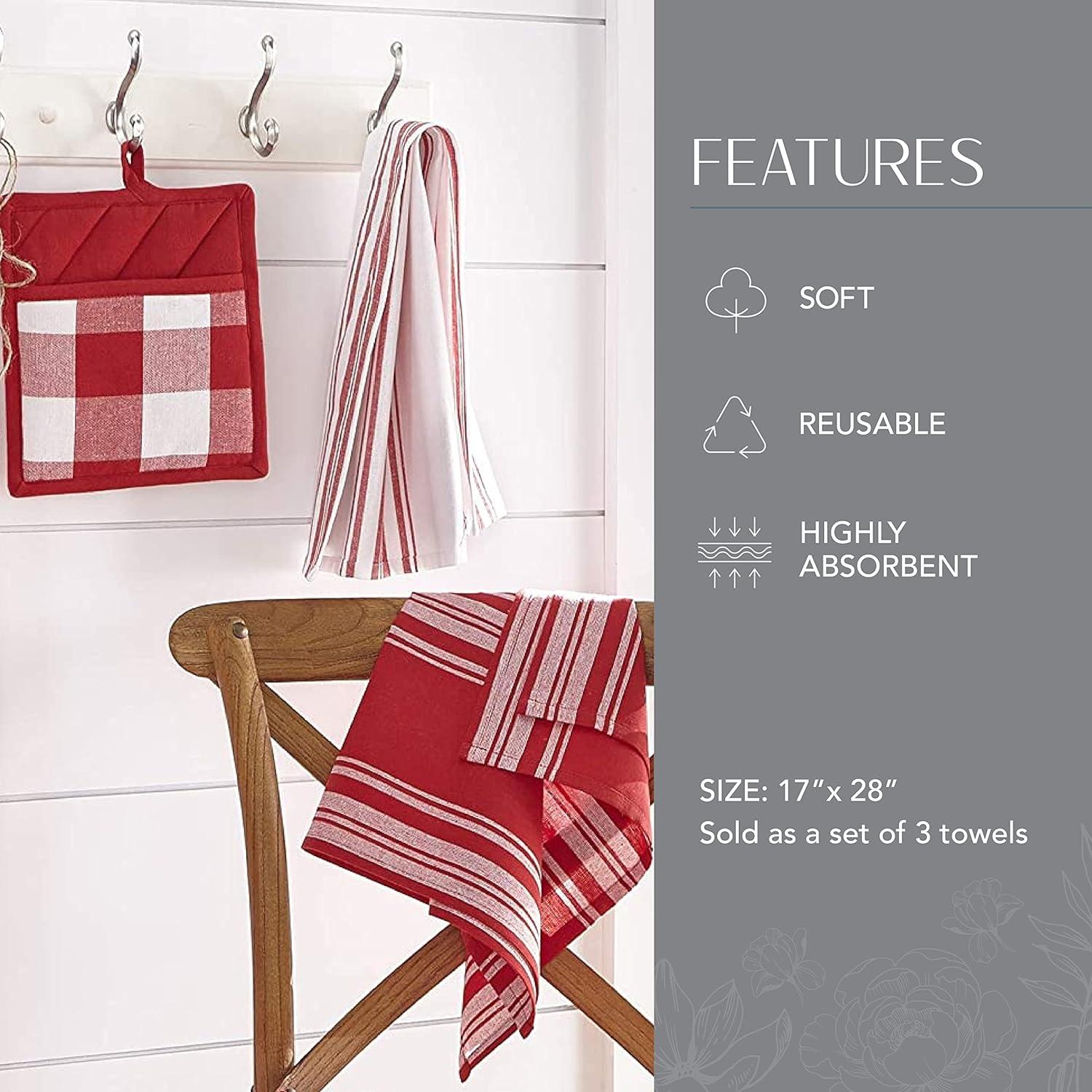 Farmhouse Living Stripe and Check Kitchen Towels, Set of 3 - 17" x 28" - Red/White - Elrene Home Fashions