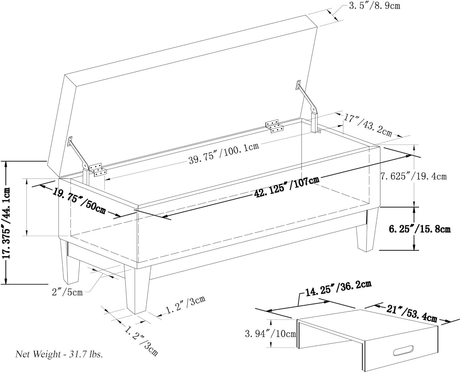 Simpli Home Oregon 42"W Upholstered Storage Ottoman Bench with Lift-Top Lid and Tray