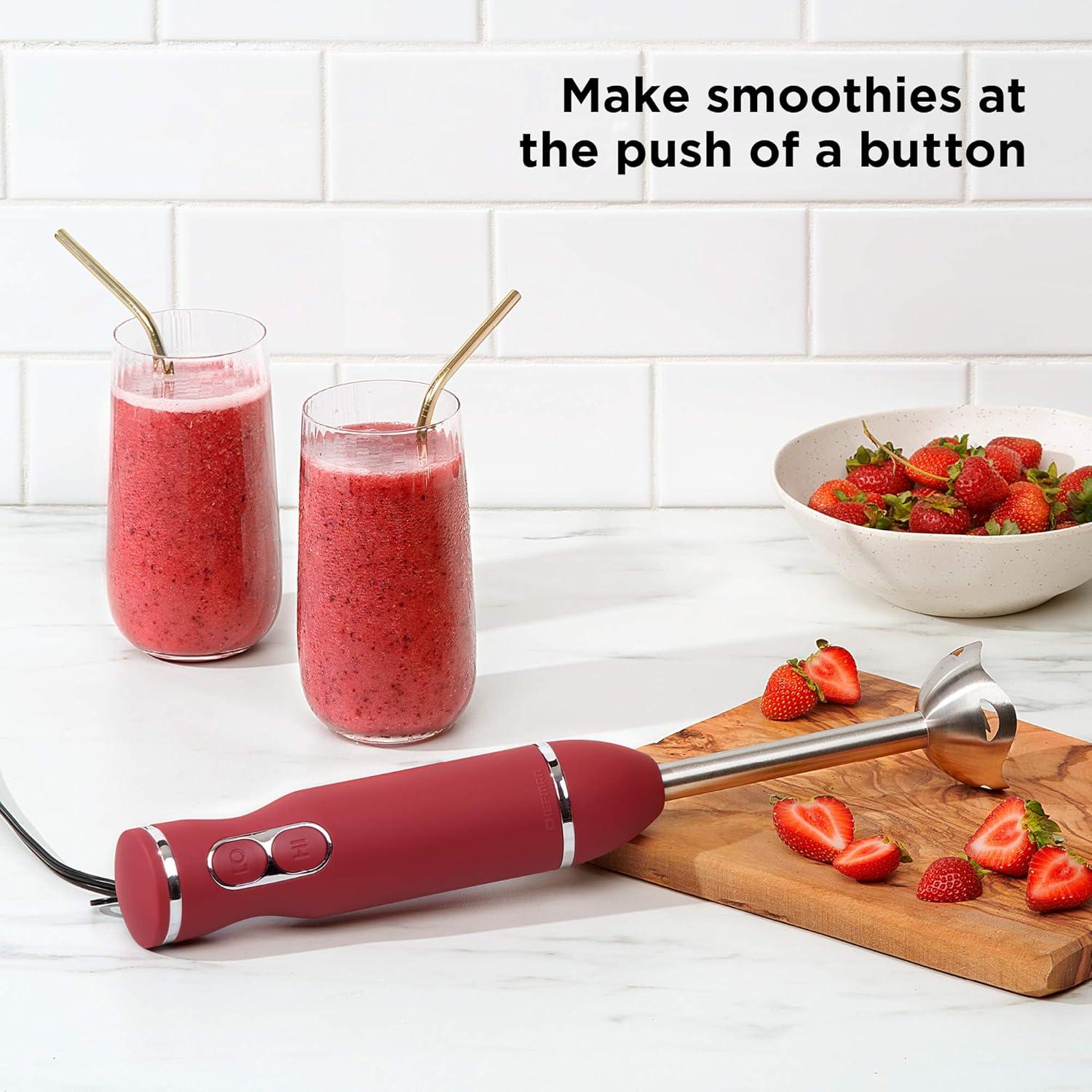 Chefman Multi-Speed Immersion Hand Blender with Stainless Steel Blades, 300W, Multi Purpose, Red