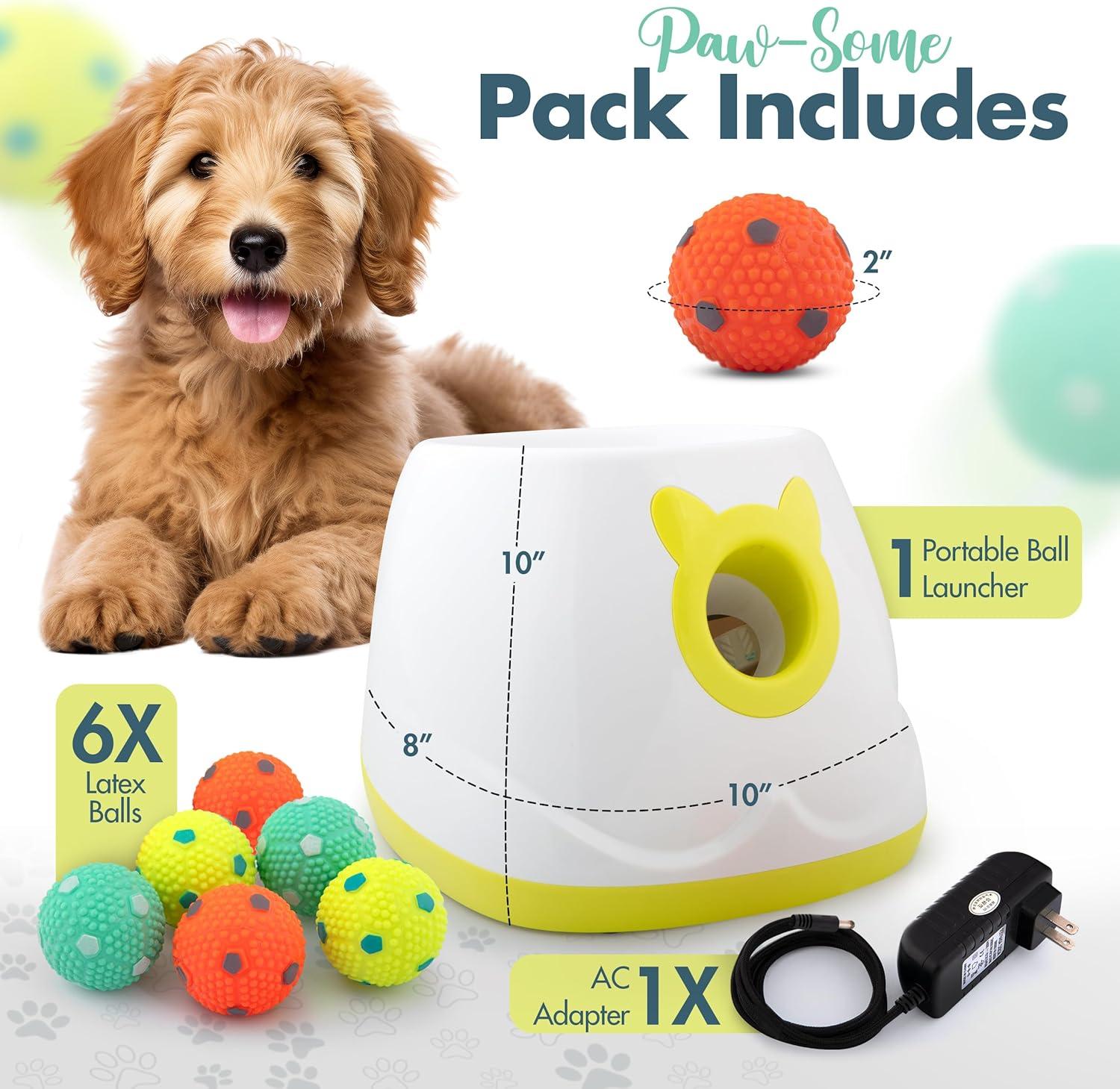 Crafts Central Automatic Dog Ball Launcher - Dog Ball Fetch Machine, Ball Thrower for Dogs, for Small to Medium Sized Dogs, Great Interactive Dog Toy with 6 Latex Balls, Dual Power Supply