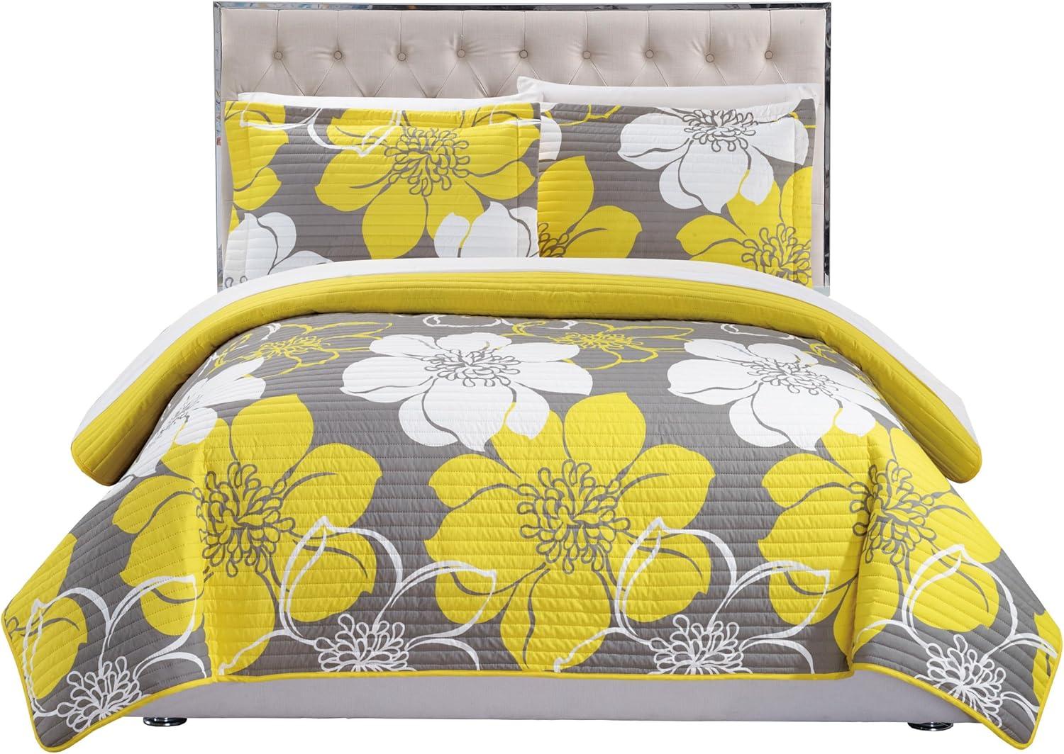 Queen Yellow and Black Microfiber Reversible Floral Quilt Set