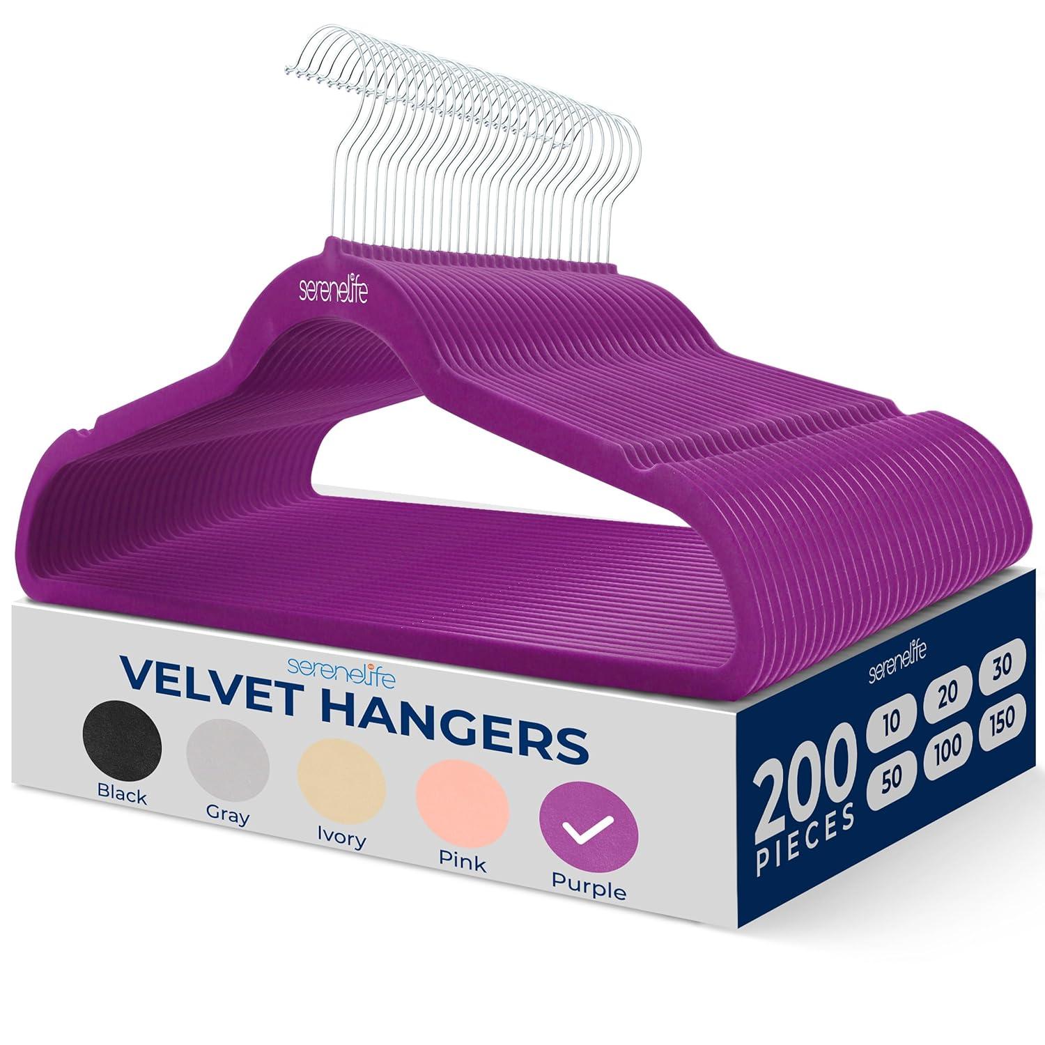 SereneLife 200pk Non-Slip Velvet Clothes Hangers - Purple