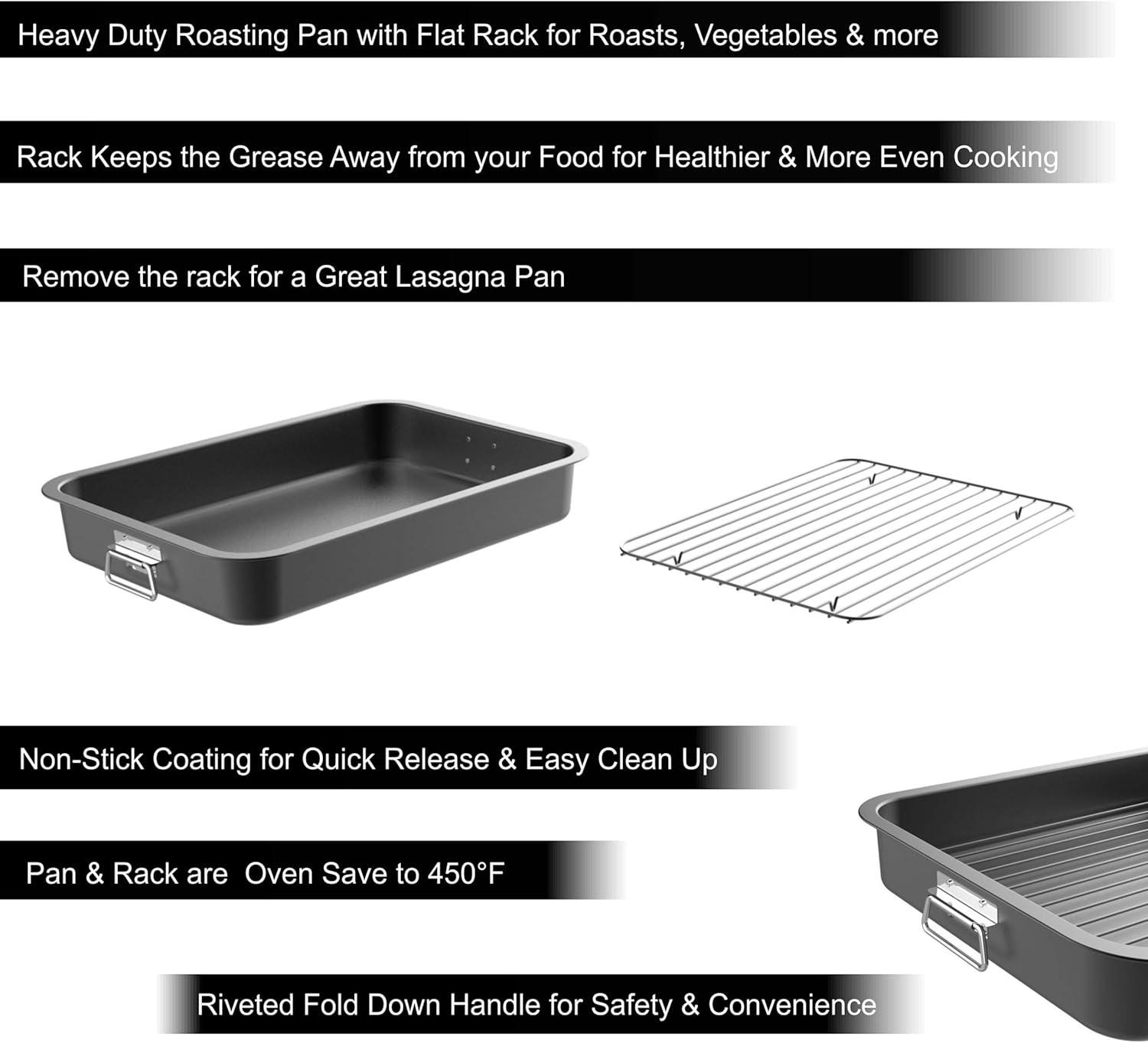 Black Nonstick Rectangular Roasting Pan with Rack and Handles