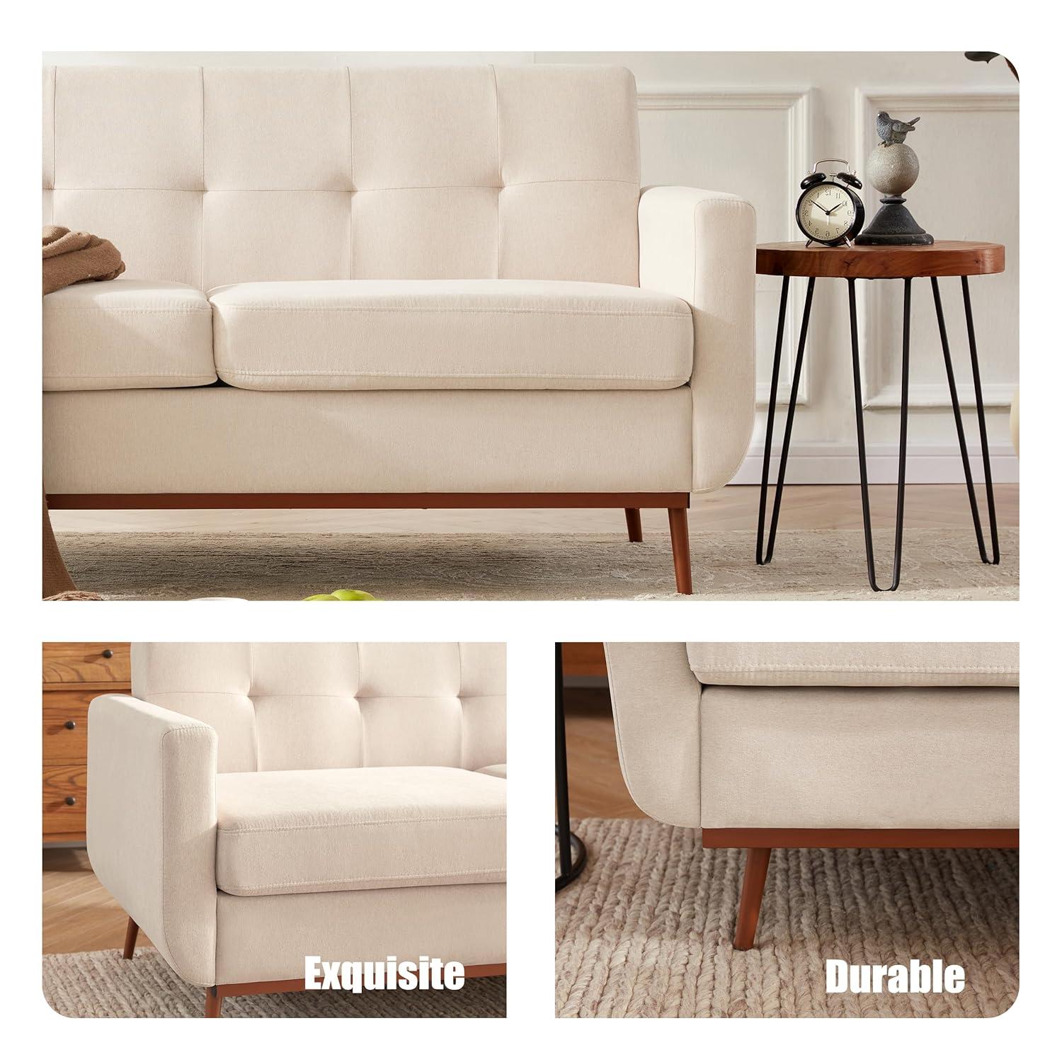65" Loveseat Sofa, Mid Century Modern Love Seat Couches for Living Room, Comfy Upholstered Sofa Couch for Bedroom, Tufted Design 2 Seater Love Seat Sofa for Small Spaces (Linen-Beige Cream)