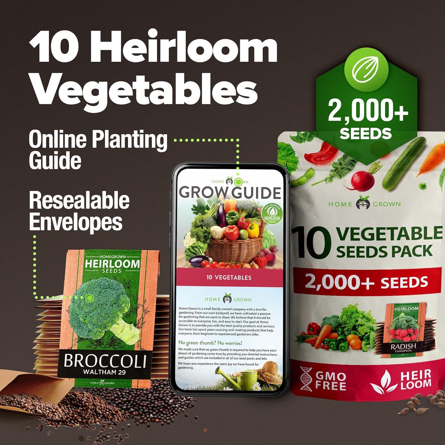 Heirloom Vegetable Seeds -10 Variety - Non GMO Vegetable Seeds For Planting Indoor or Outdoors, Brussel Sprouts, Carrots, Peppers, Cucumber, Kale, Romain, Peas, Radish, Tomato Seed - Home Garden Seeds