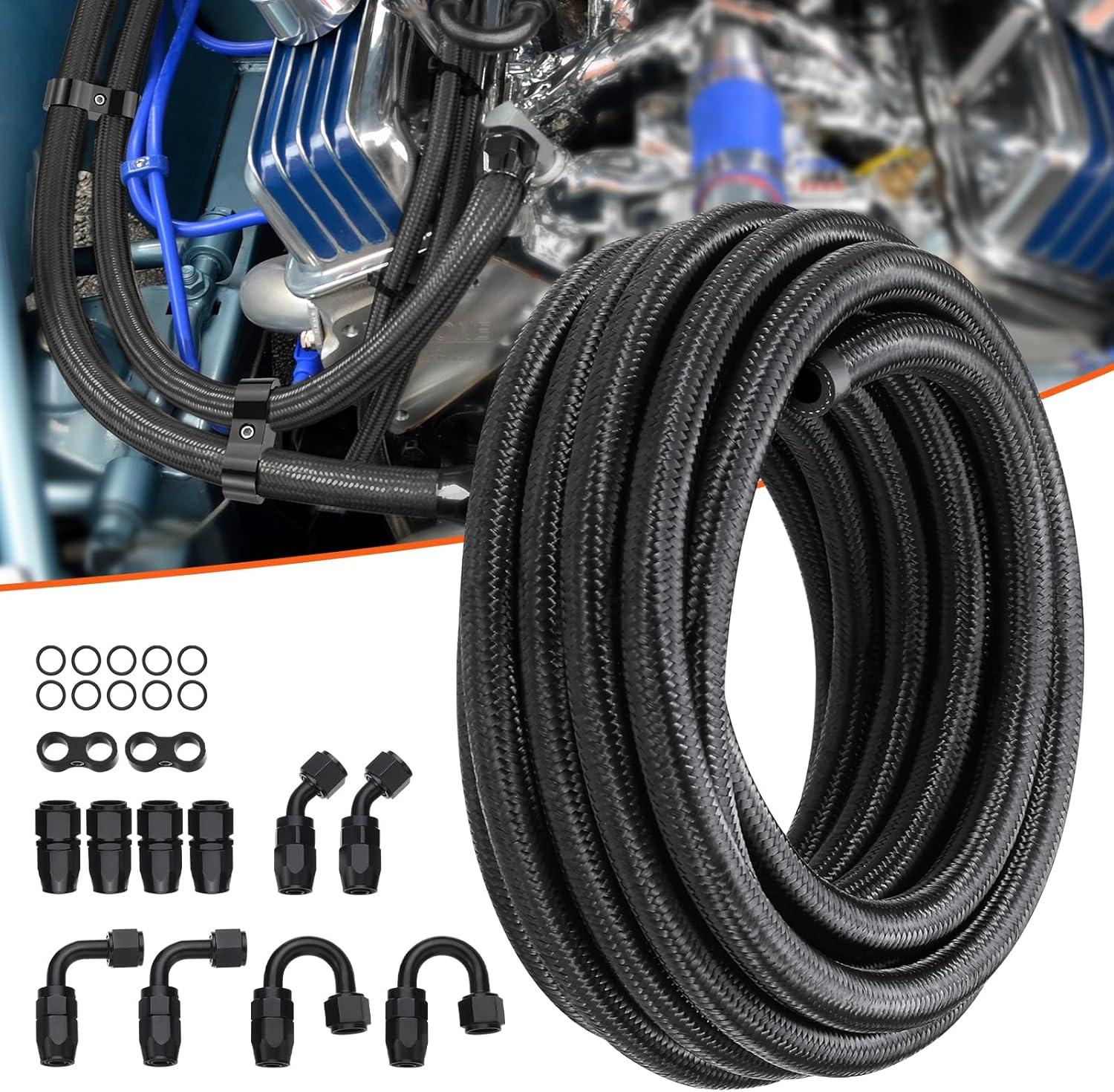 VEVOR 6AN Fuel Line Kit, 20 FT Fuel Hose Kit, 0.34" Nylon Stainless Steel Braided Fuel Line Oil/Gas/Diesel Hose End Fitting Kit, with 12 PCS Swivel Fitting Adapter Kit, Black