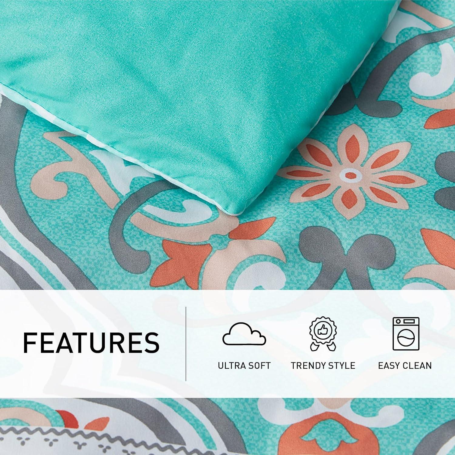 Queen Size Aqua and Coral Microfiber Boho Bed in a Bag Set