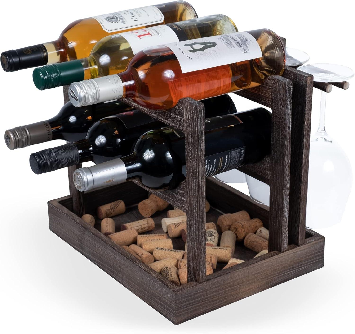 Burnt Brown Wood Countertop Wine Rack with Stemware Holder