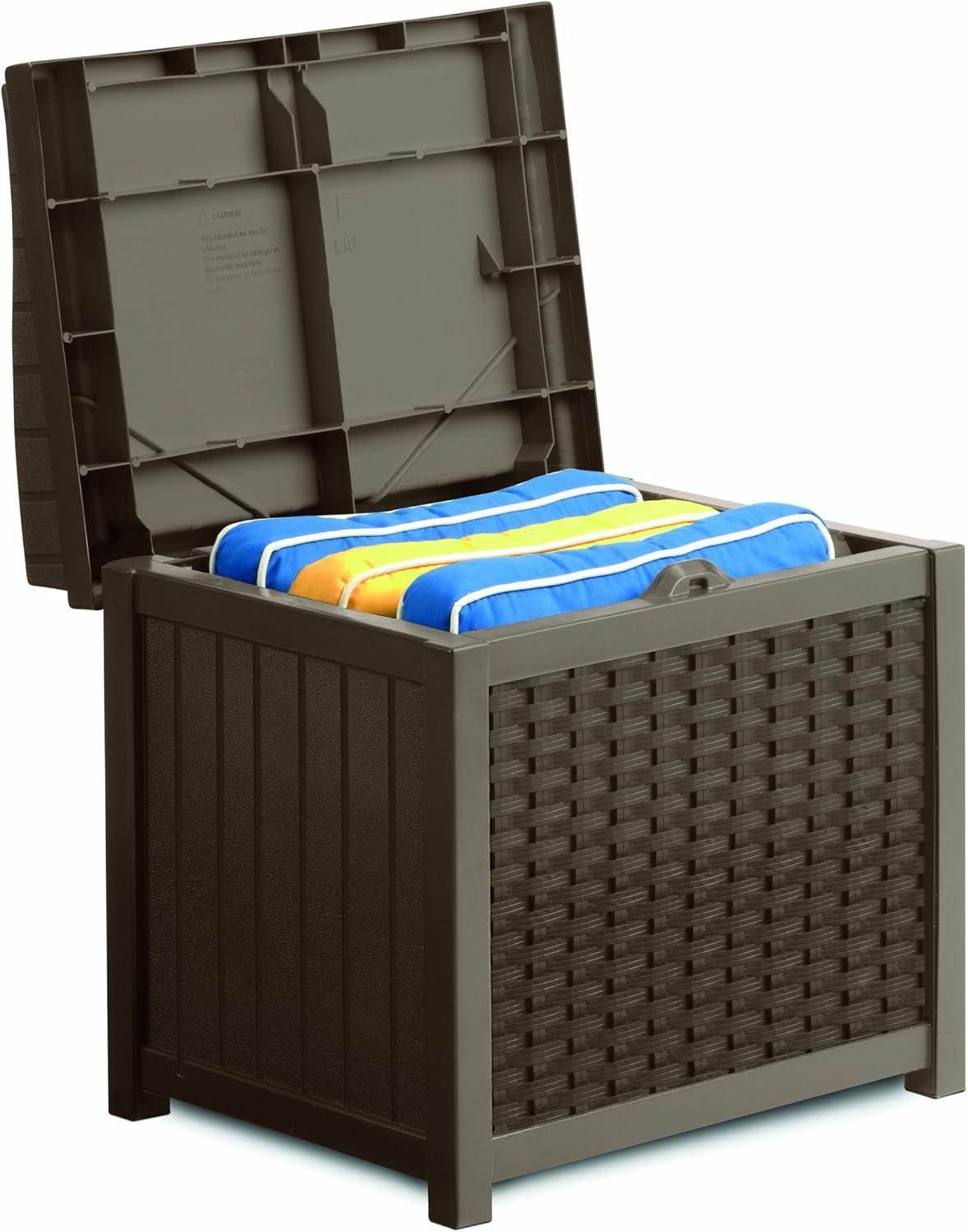 Mocha Wicker 22-Gallon Deck Box: Lightweight Resin Storage Container and Seat for Patio, Garage, Yard