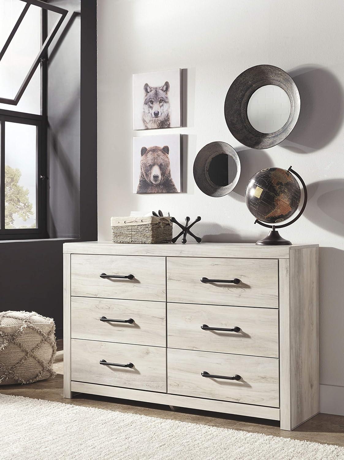 Whitewash Farmhouse 6-Drawer Dresser with Black Handles