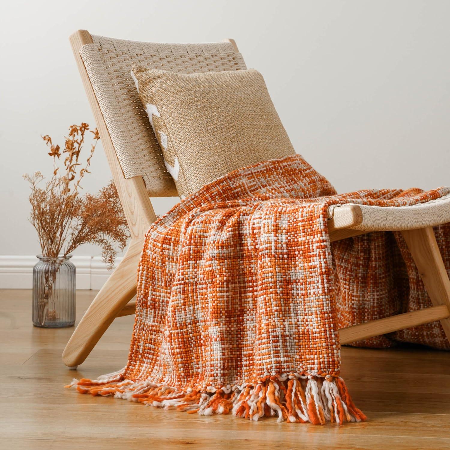 Orange Ochre Knitted Acrylic Throw Blanket with Fringes, 50"x60"