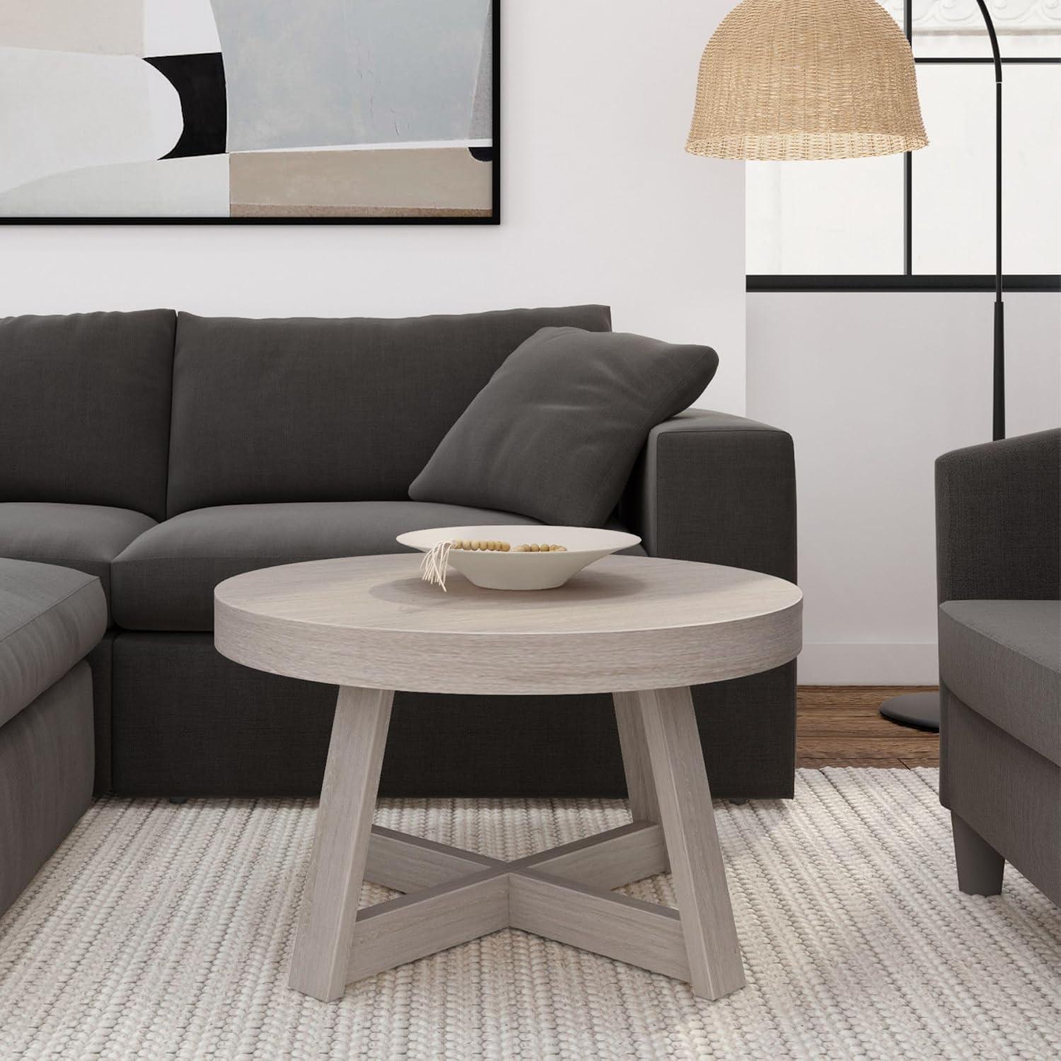 Plank+Beam Solid Wood Classic Round Coffee Table, 36" Farmhouse Coffee Table, Seashell Wirebrush