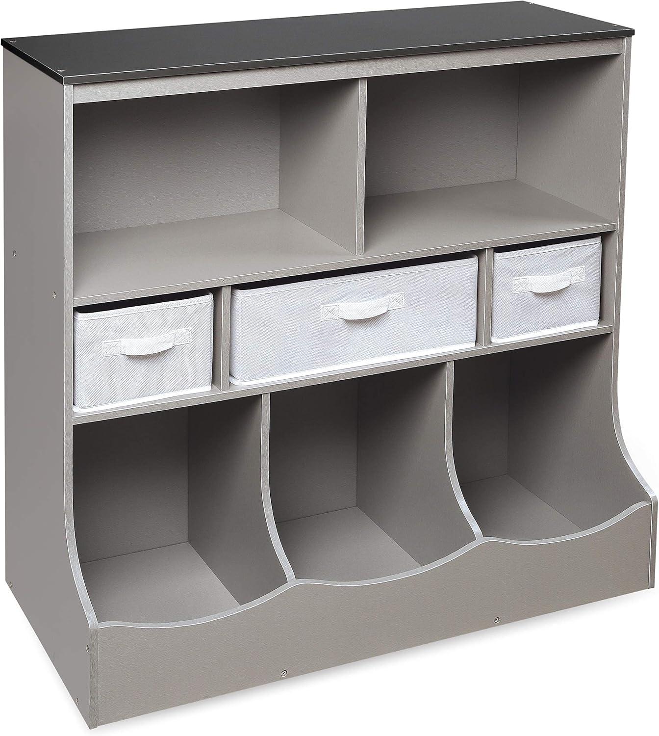 Versatile Gray Woodgrain Storage Unit with Baskets for Kids