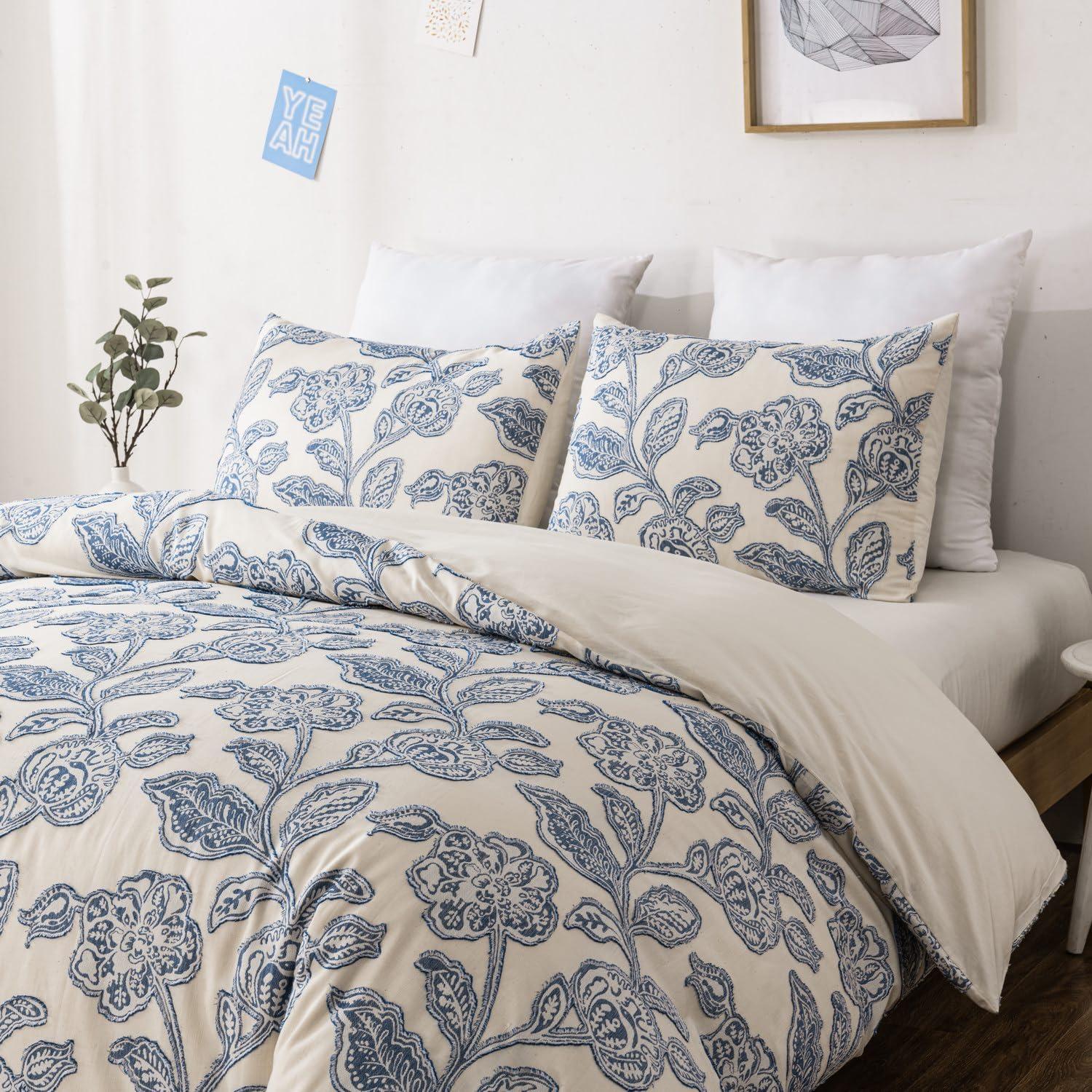 Queen Blue Cotton Jacquard Floral Duvet Cover Set