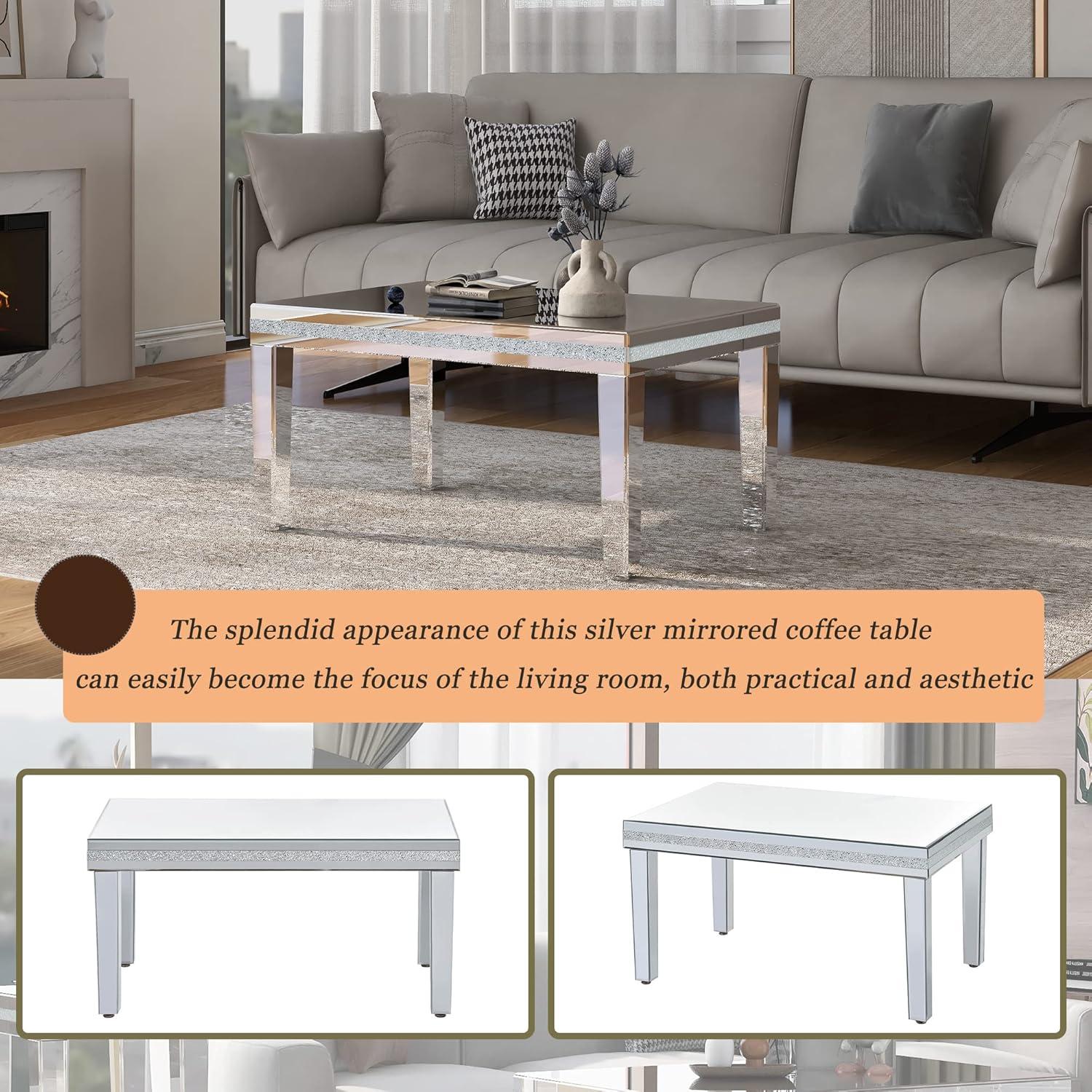 Churanty Glass Mirrored Coffee Table Modern Cocktail Table with Crystal Design and Adjustable Height Legs,Silver