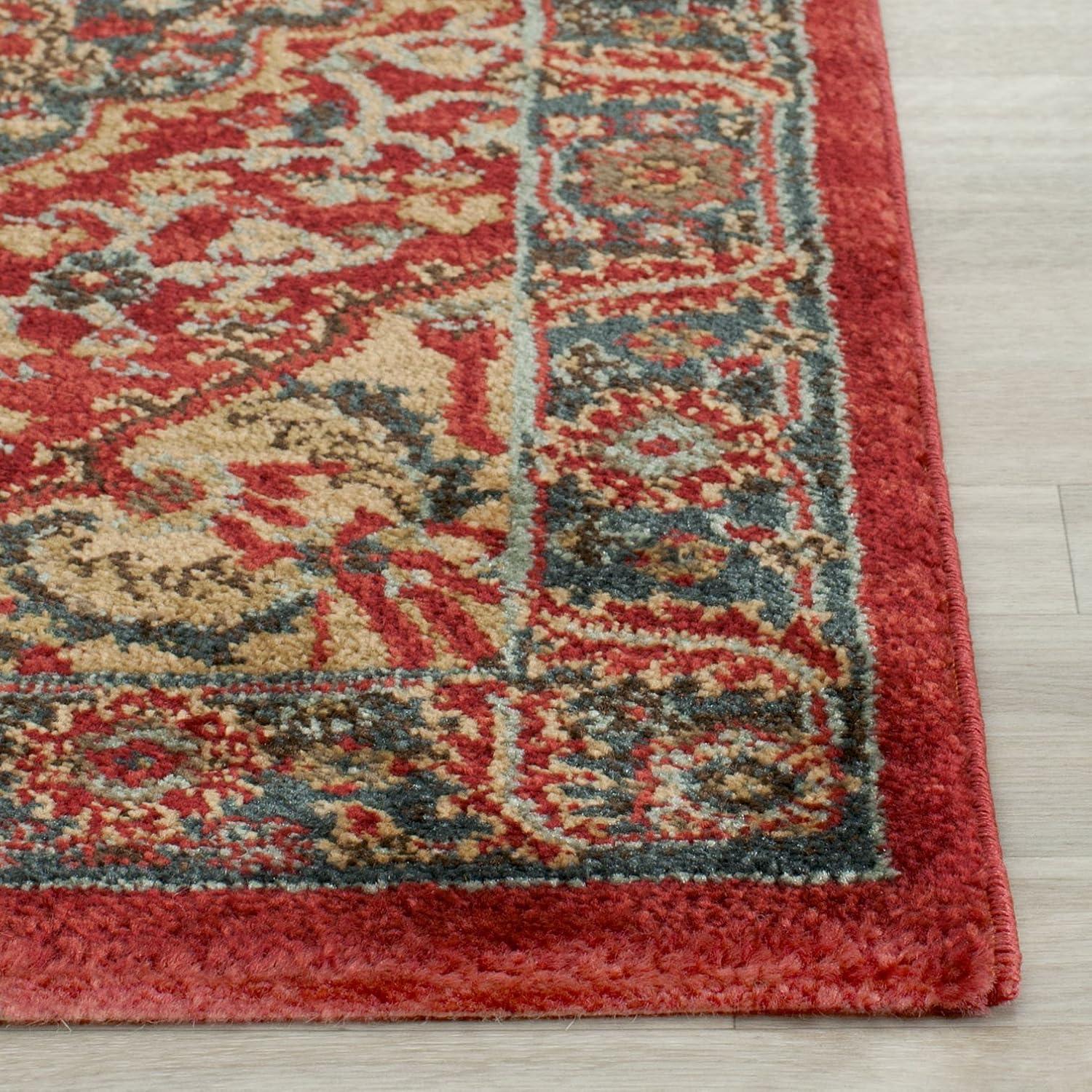 Red and Navy Traditional Synthetic Runner Rug