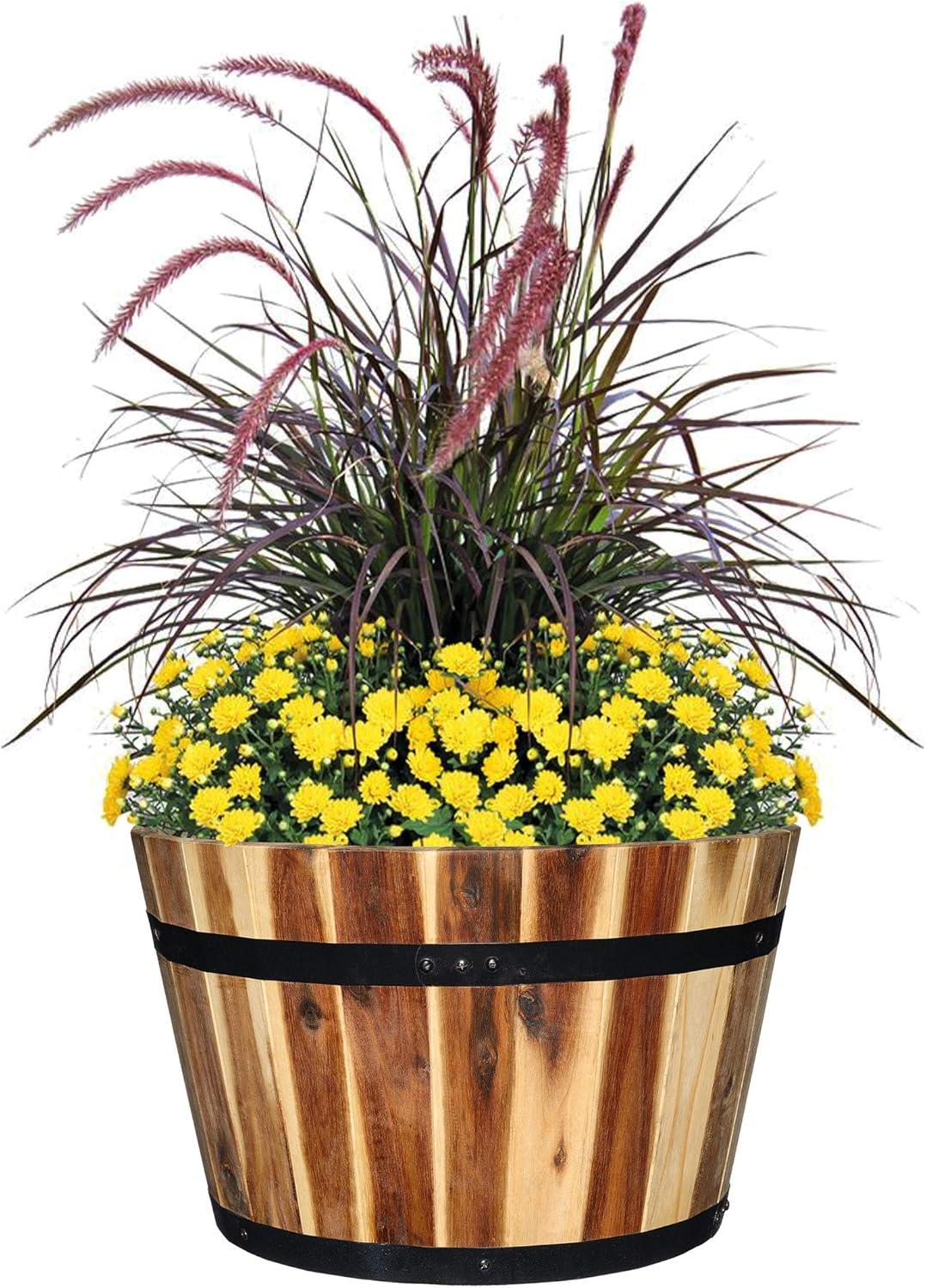 Classic Home and Garden Acacia Wood Whiskey Barrel Planter with Black Metal Band, 15.75in D x 9.5in H