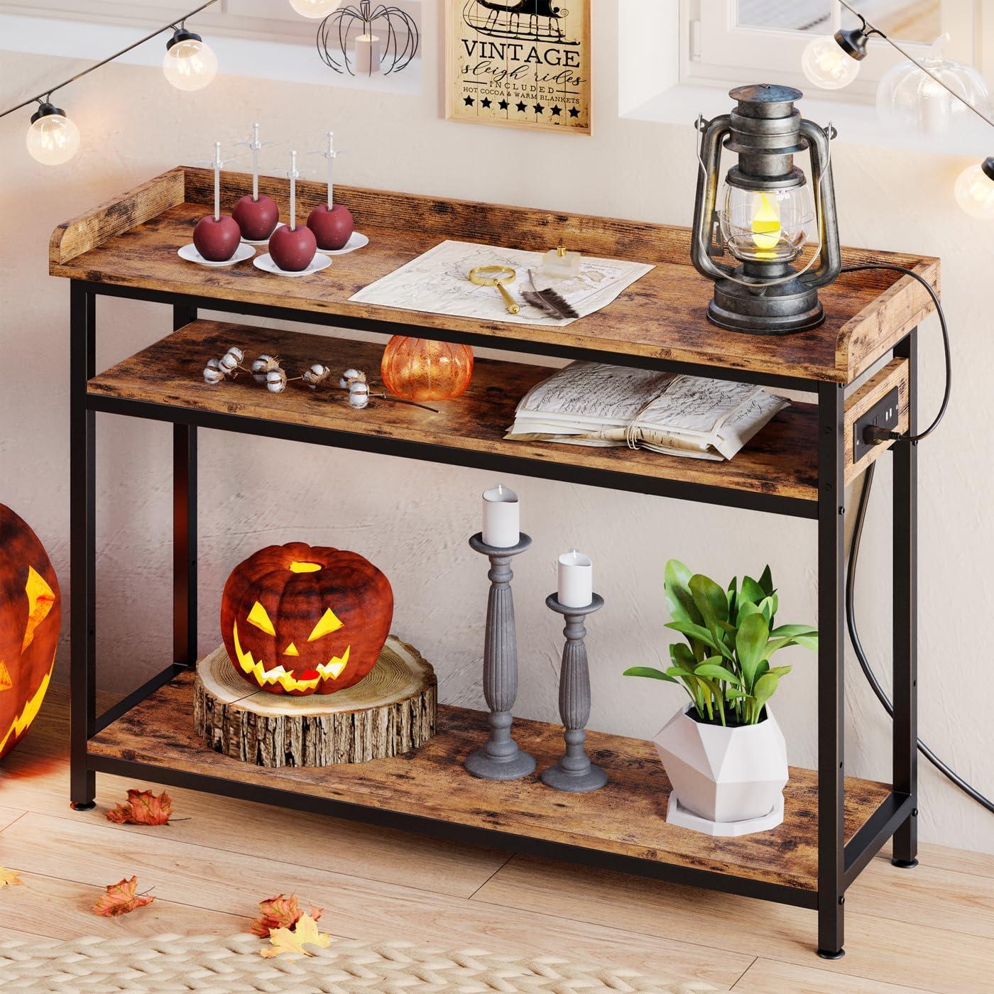 Rustic Brown 43" Console Table with Power Outlet and Storage