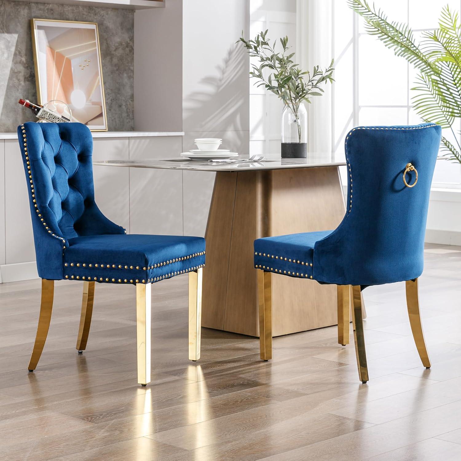 ODUSE-DAILY Velvet Dining Chairs Set of 4, Navy Kitchen & Dining Room Chairs, Tufted Dining Chairs, Fabric Upholstered, Solid Wood, Sillas De Comedor (Blue, 4 Pcs)