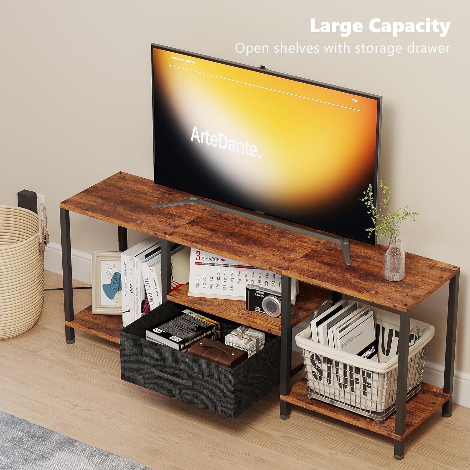 TV Stand with LED Lights, Entertainment Center with Open Shelves and Fabric Drawer, Media Console for 55 Inch TV, Television Stands, Living Room Furniture, Bedroom, Rustic Brown