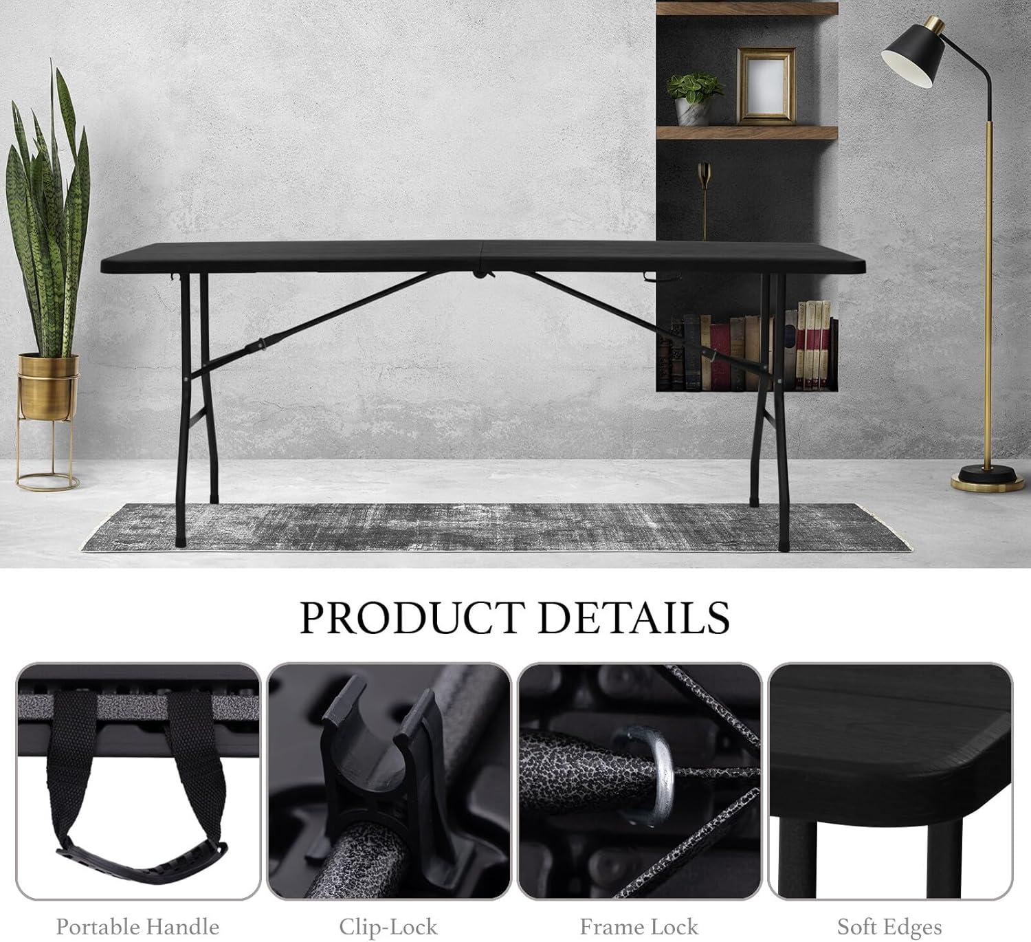 6ft Folding Table, Portable Plastic Table for Camping, Picnics, Parties, High Load Bearing Foldable Table Black