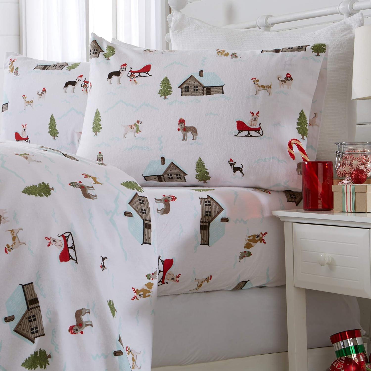 100% Cotton Holiday Flannel Sheet Set - Great Bay Home (Queen, Pups with Hats)