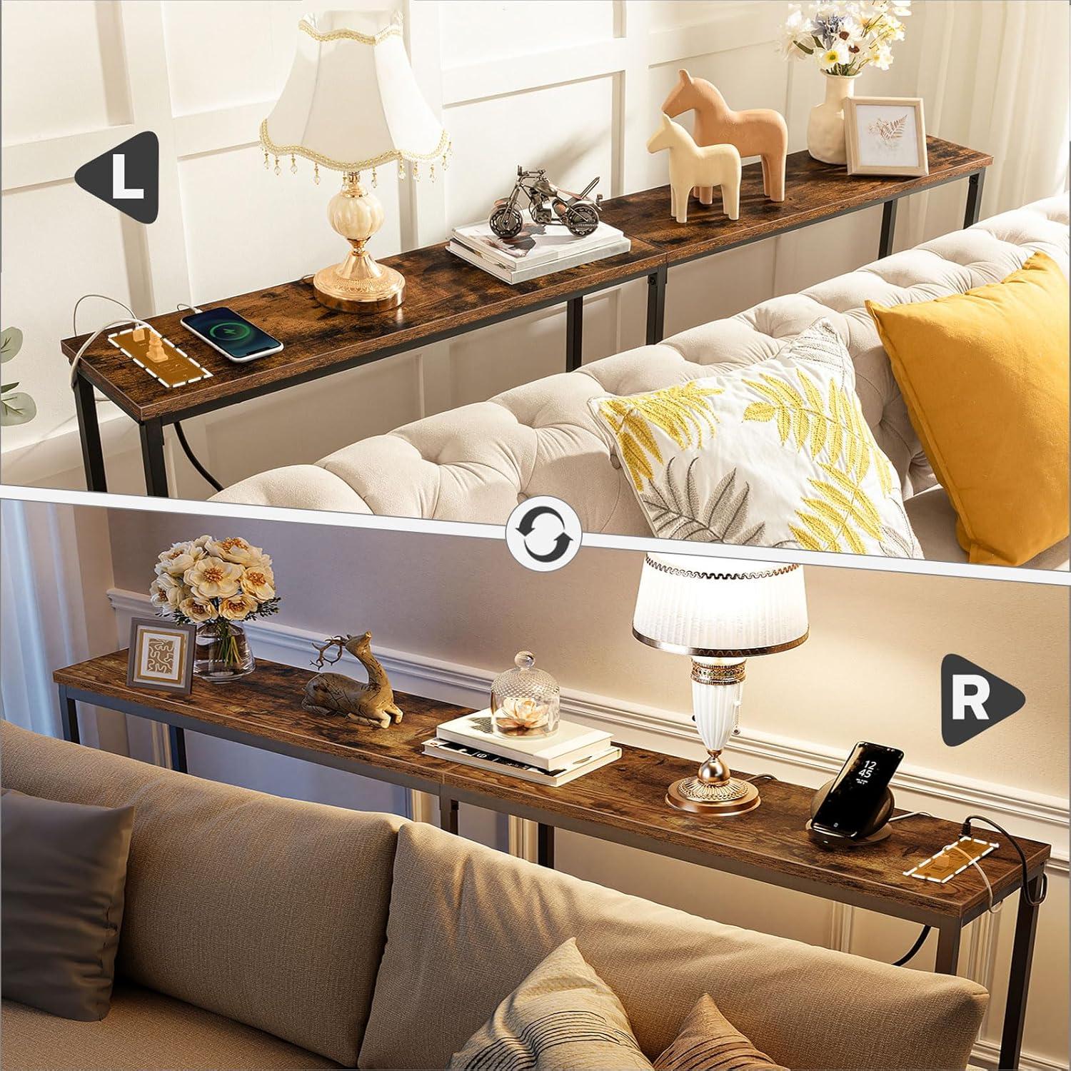 HOOBRO 70.9 Inches Console Table with 2 Power Outlets and 2 USB Ports, Extra Long Entryway Table with Charging Station, Narrow Sofa Table Behind Couch, Hallway, Living Room, Rustic Brown BF1801XG01G2