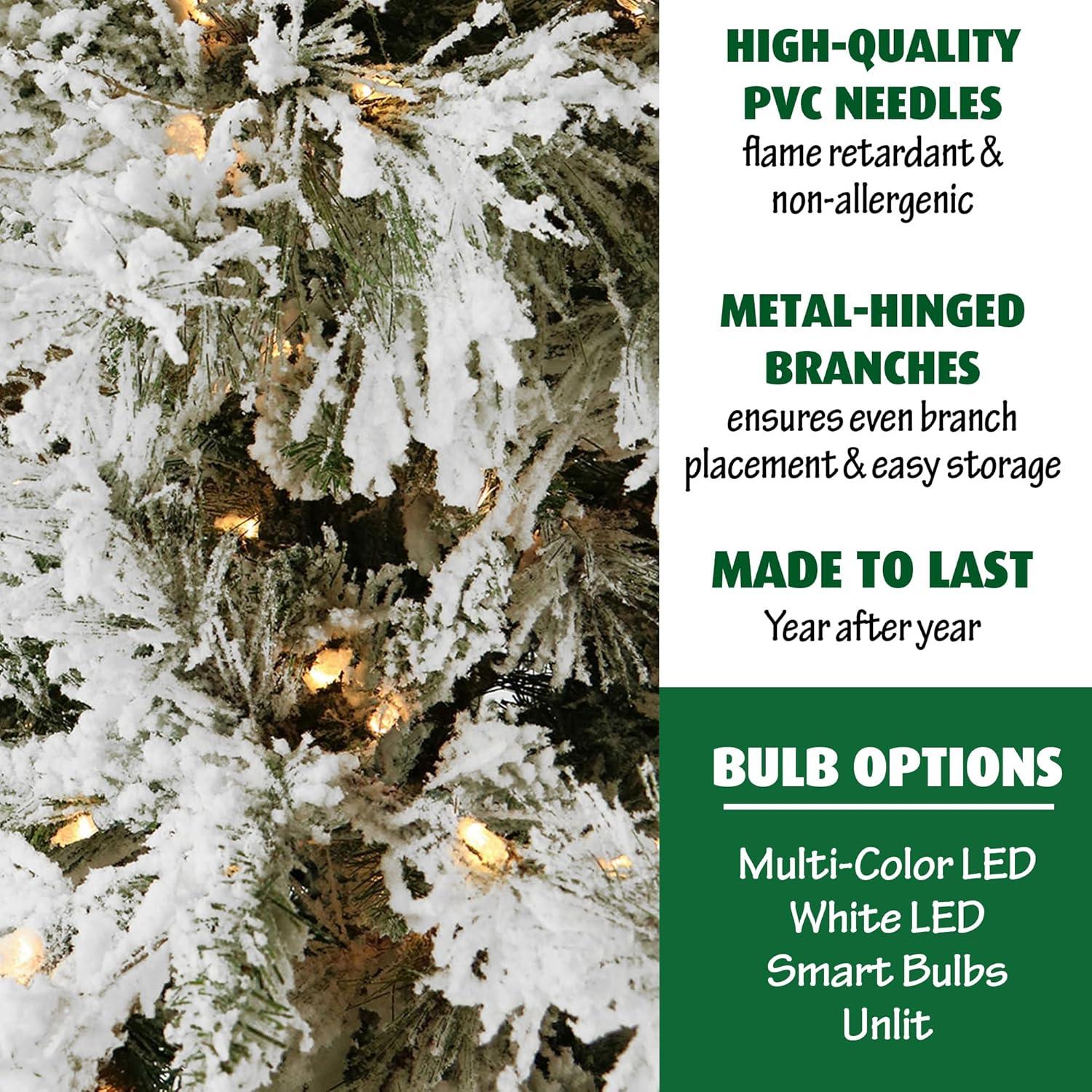 Fraser Hill Farm 6.5-Foot Pre-Lit Snow Flocked Snowy Pine Christmas Tree, 450White Incandescent Smart Lights