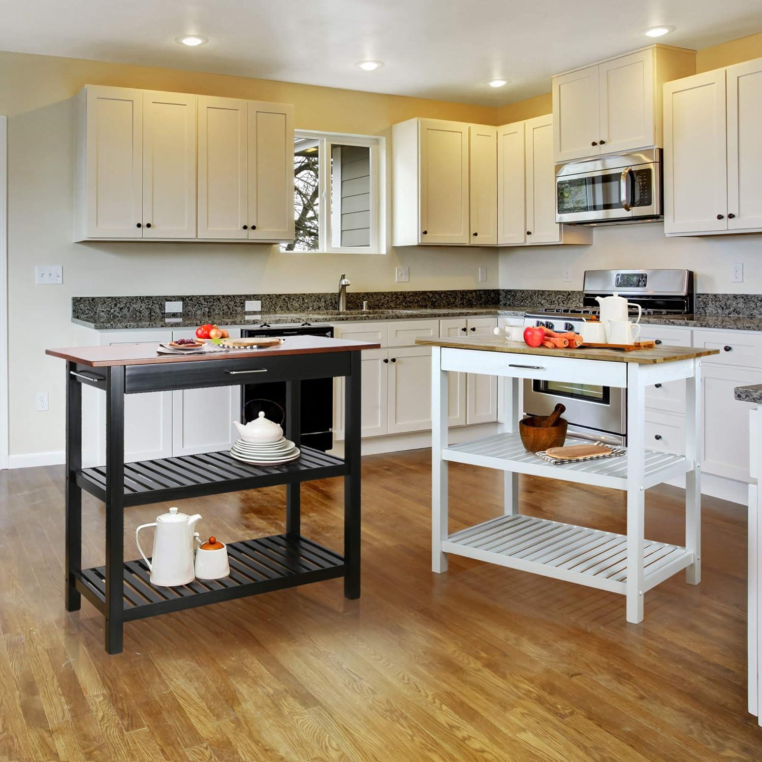 Walnut and Black Solid Wood Kitchen Island with Shelves