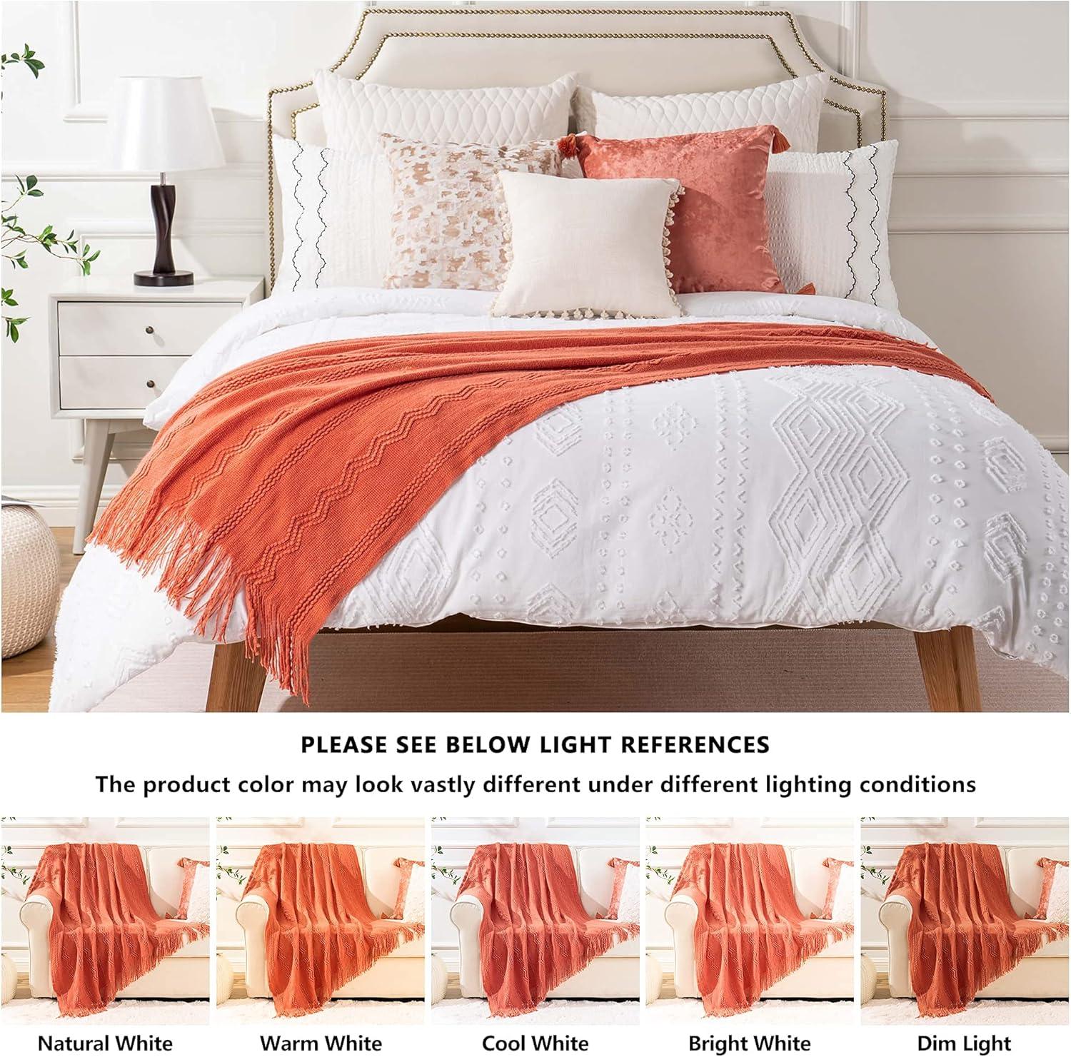 Battilo Orange Throw Blanket with Fringe Geometric Bed Salmon Knit Throws for Couch,Fall Blanket,50"x60"