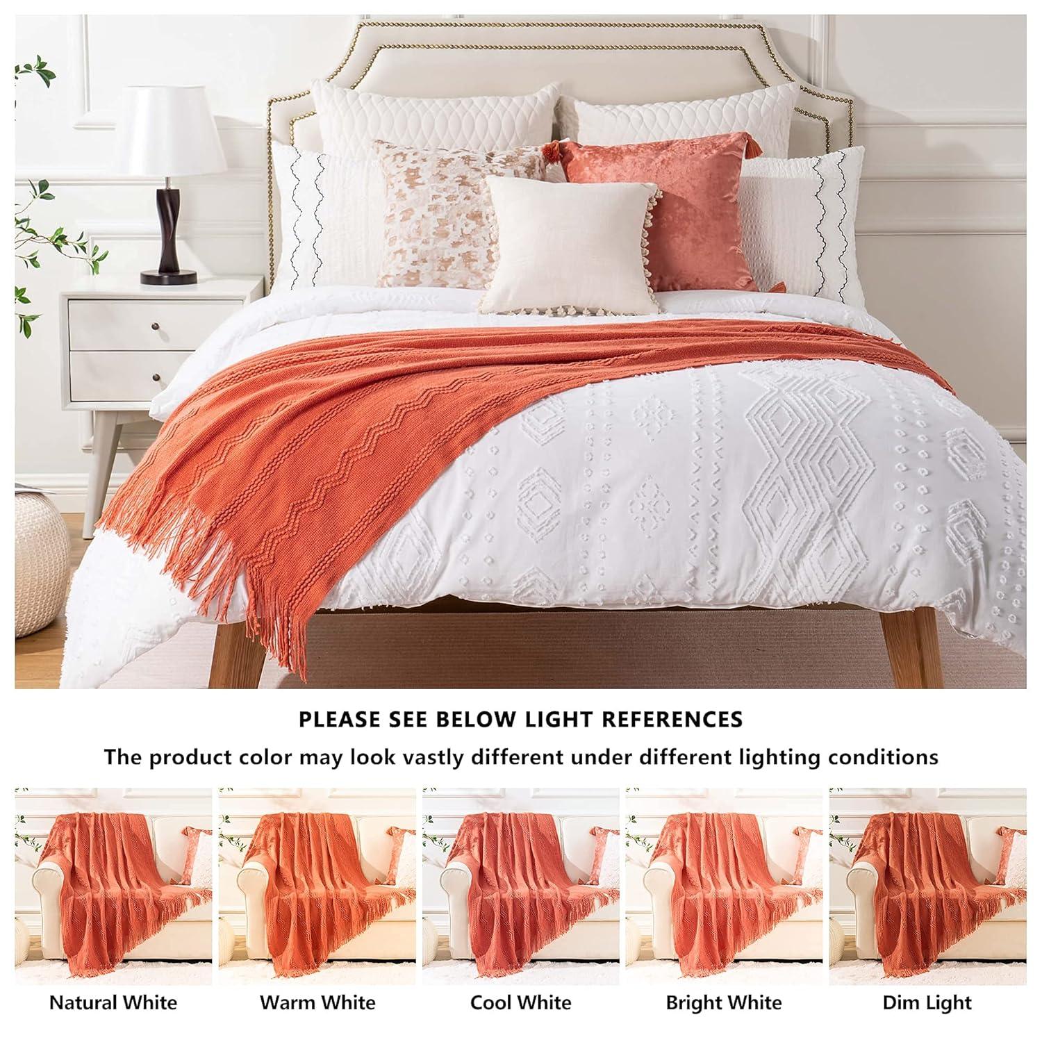 Battilo Orange Throw Blanket with Fringe Geometric Bed Salmon Knit Throws for Couch,Fall Blanket,50"x60"