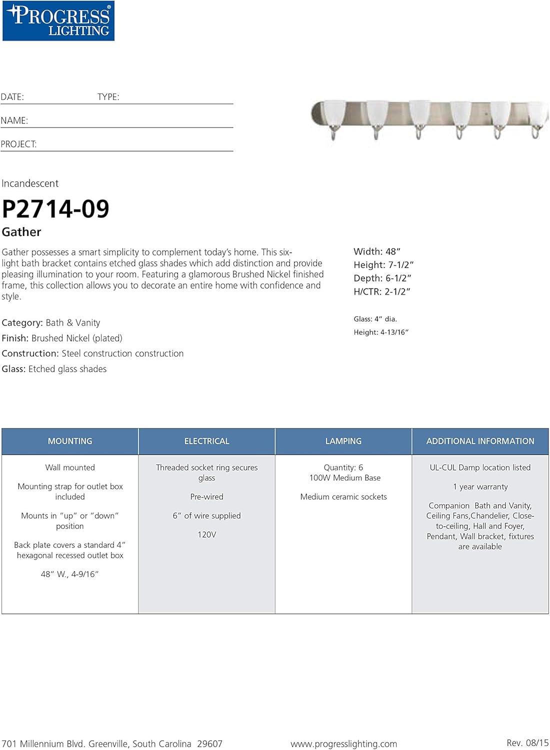 Progress Lighting Gather 6-Light Bath Bracket, Brushed Nickel, Etched Glass Shades