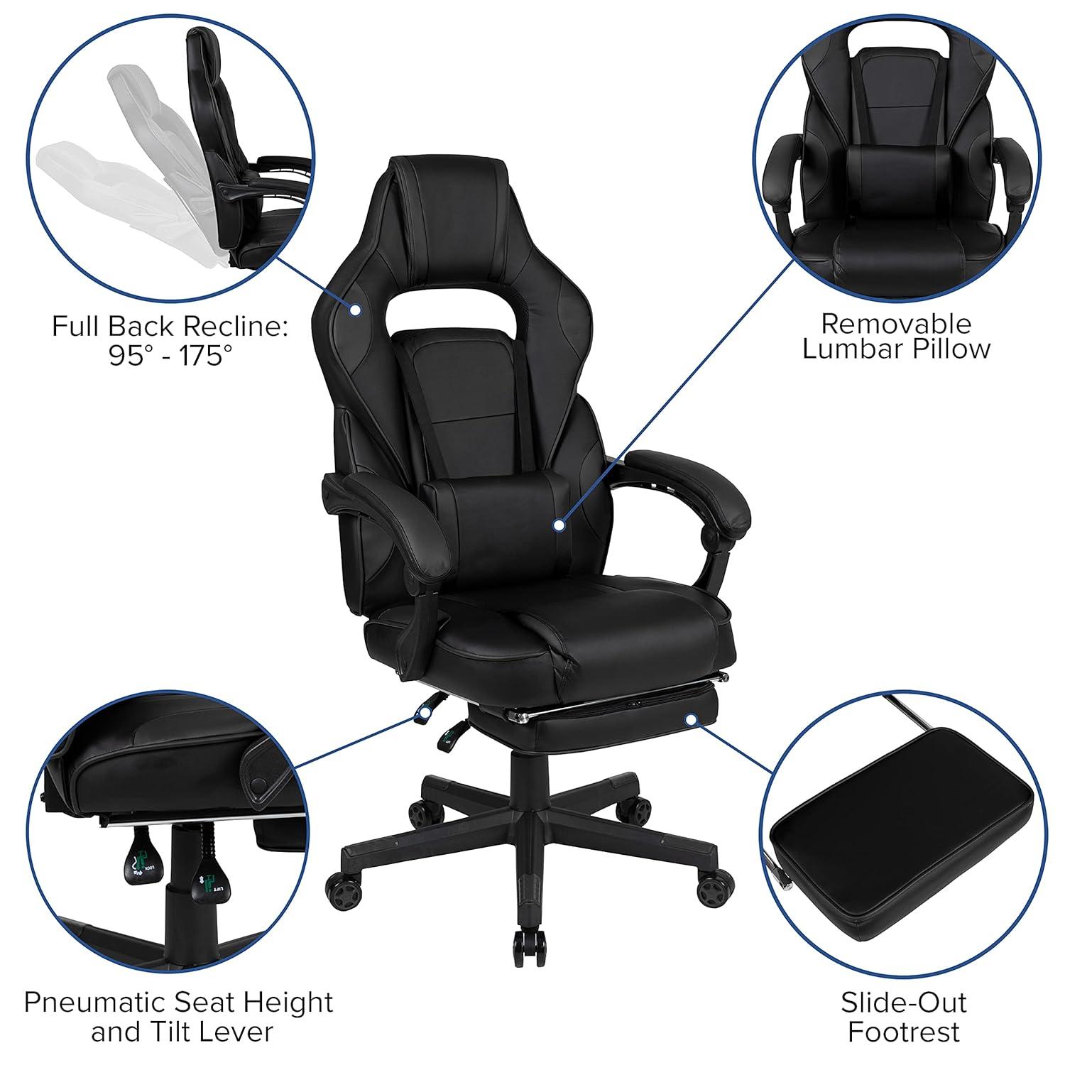 Flash Furniture X40 Gaming Chair Racing Ergonomic Computer Chair with Fully Reclining Back/Arms, Slide-Out Footrest, Massaging Lumbar - Black
