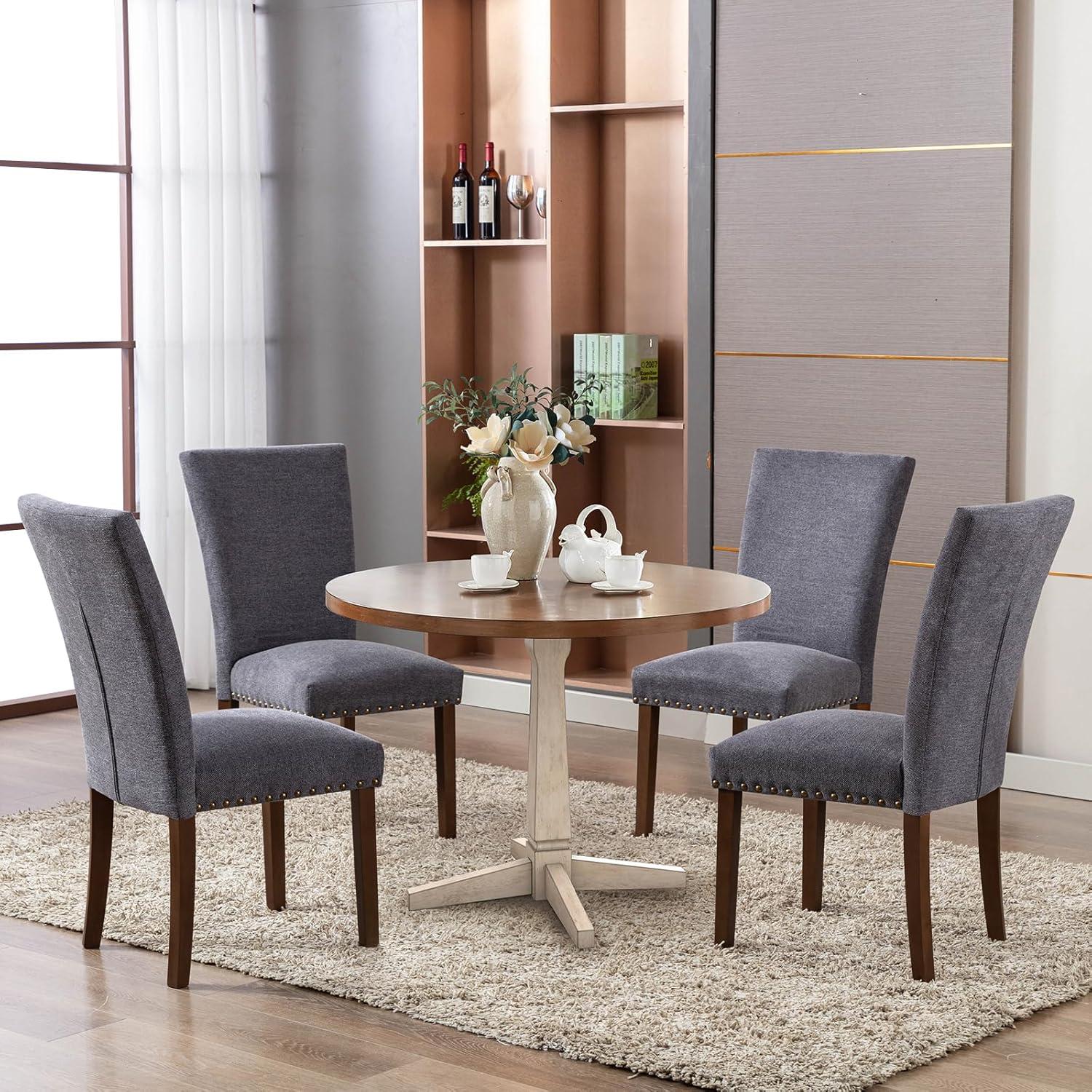COLAMY Upholstered Parsons Dining Chairs Set of 4, Fabric Dining Room Kitchen Side Chair with Nailhead Trim and Wood Legs - Dark Grey