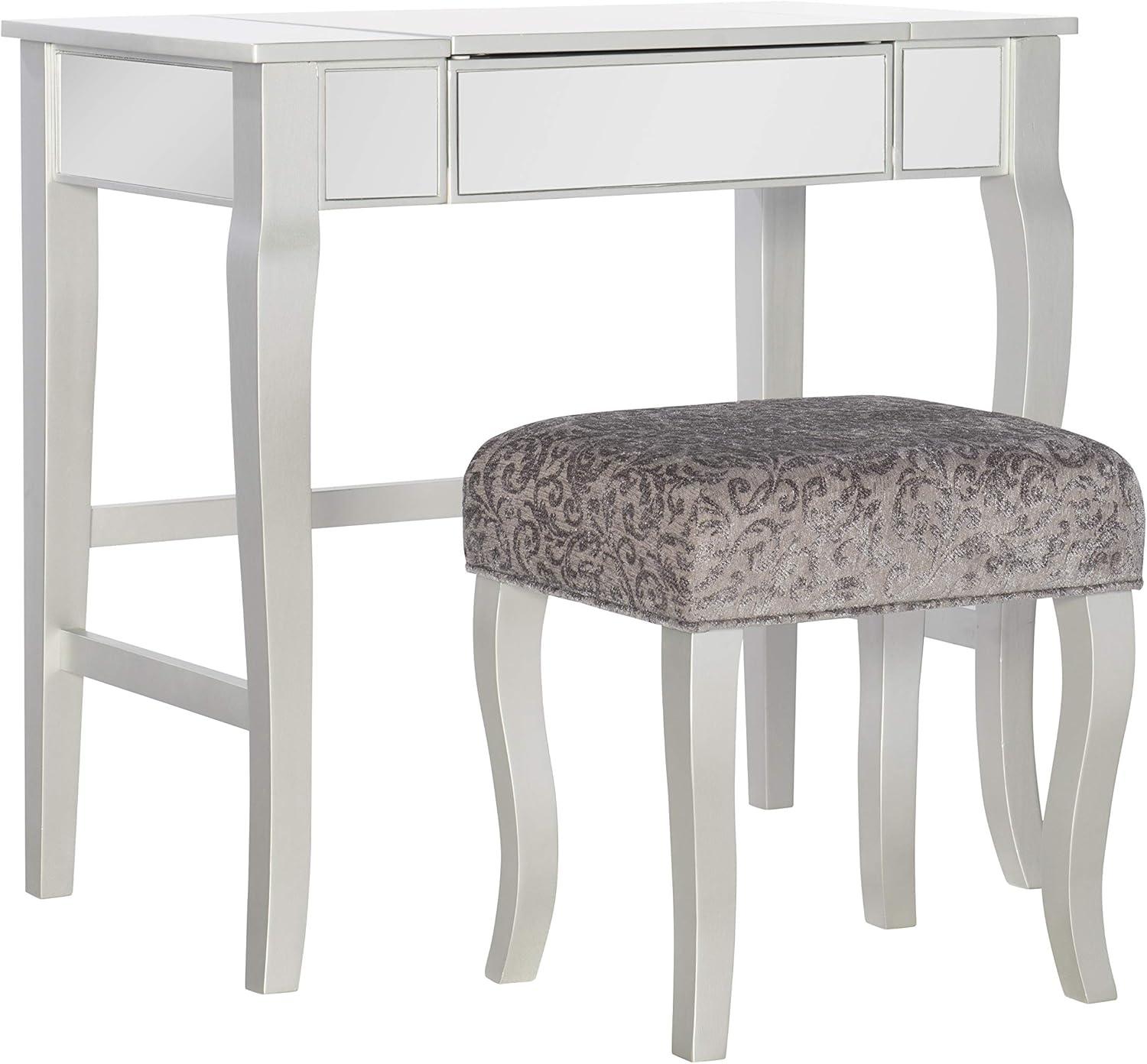 Harper Glam Flip-up Mirror Wood Vanity and Gray Upholstered Stool Mirror and Silver - Linon