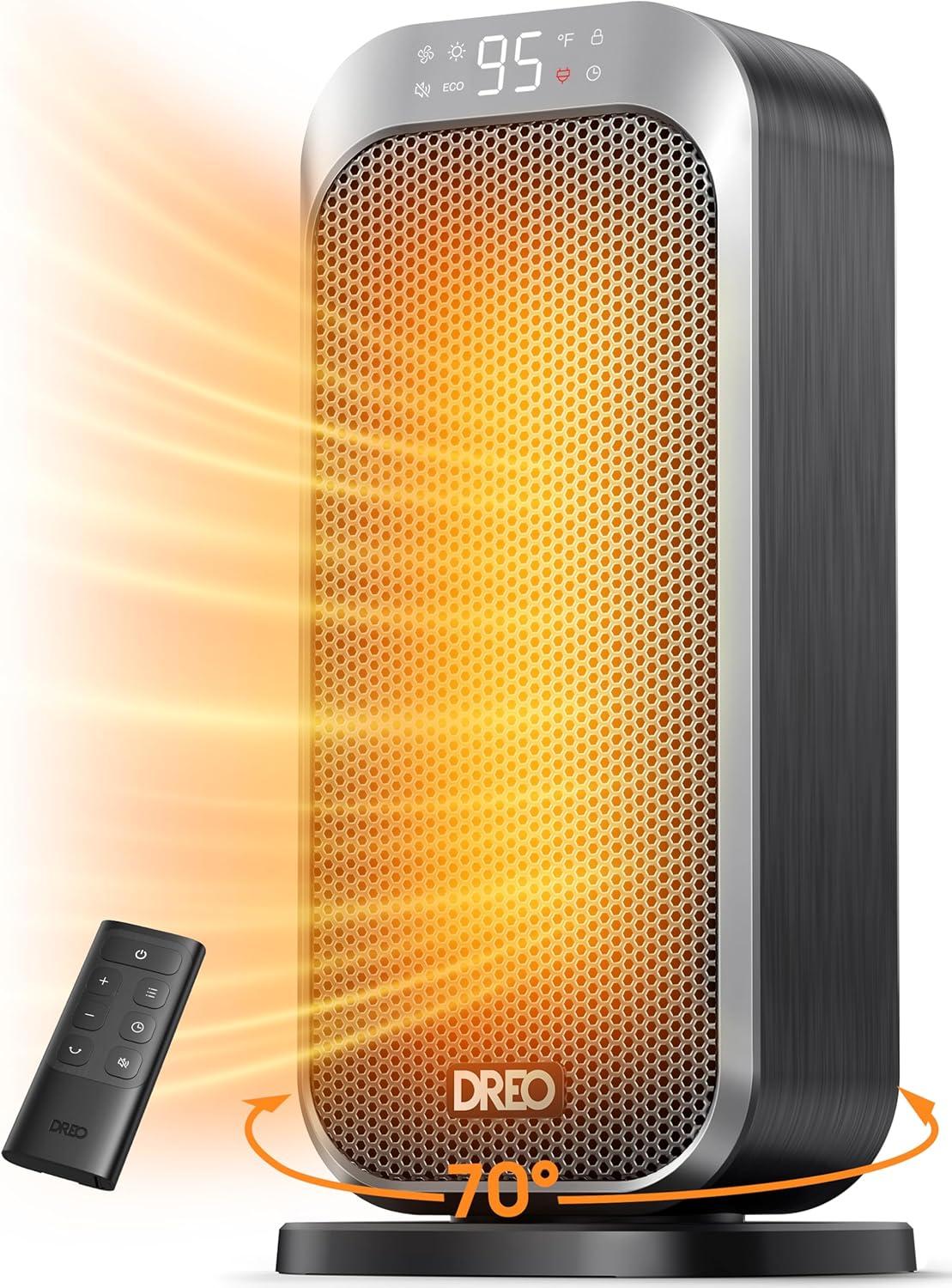 Dreo Space Heater, 1500W Fast Heating Portable Heaters for Indoor Use, 8 Safe Protection for Desk Office Bedroom, 70° Oscillation, Quiet Electric PTC Ceramic with Remote, 12H Timer