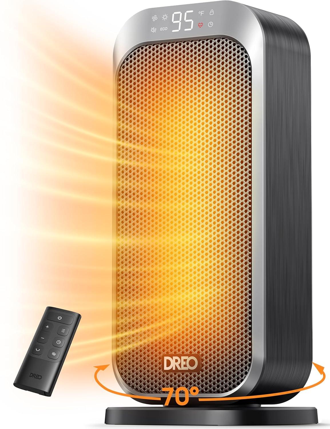 Dreo Space Heater, 1500W Fast Heating Portable Heaters for Indoor Use, 8 Safe Protection for Desk Office Bedroom, 70° Oscillation, Quiet Electric PTC Ceramic with Remote, 12H Timer