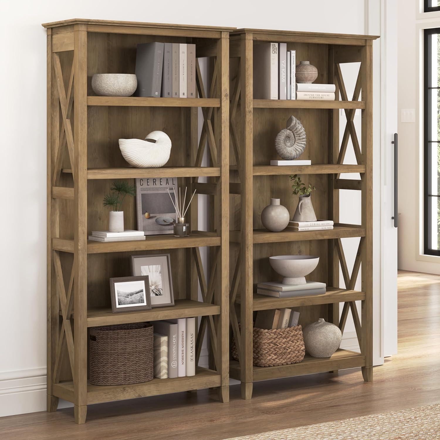 Bush Furniture Key West Tall 5 Shelf Bookcase, Set of 2, Reclaimed Pine