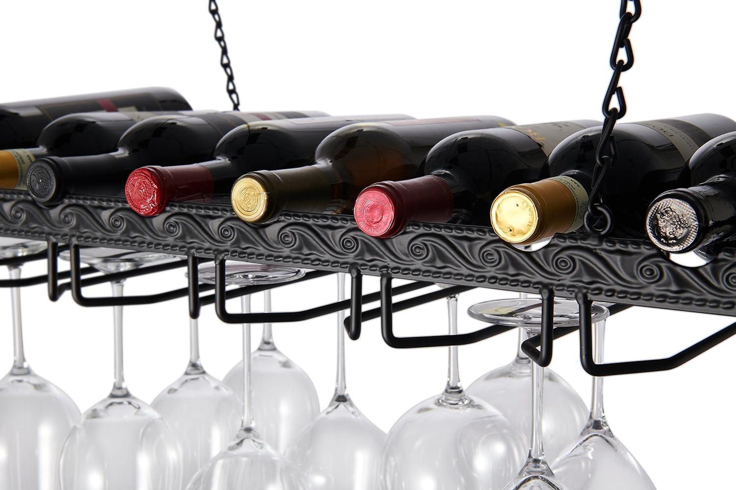 Modern 8-Bottle Black Metal Ceiling Hanging Wine & Glass Rack