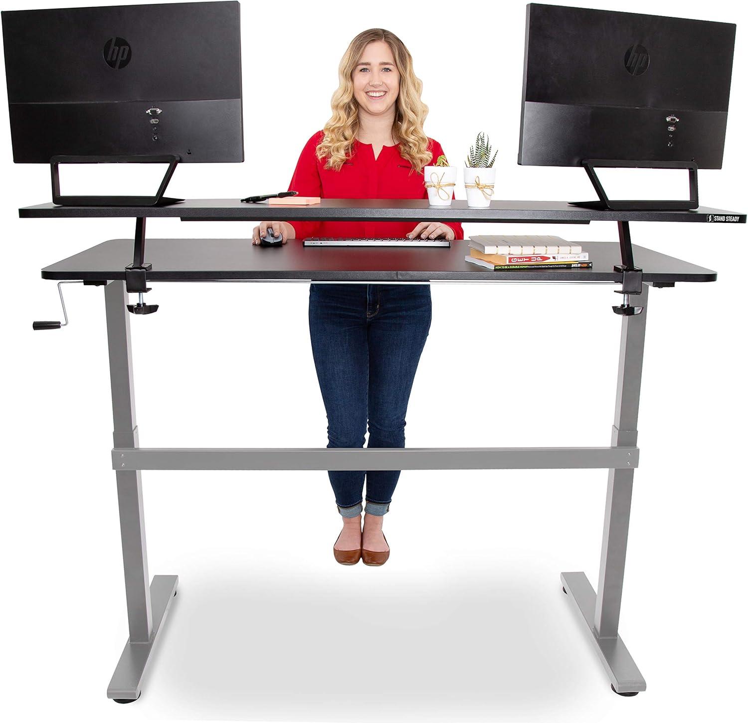 Tranzendesk Standing Desk With Clamp-On Shelf - 55" | Sit to Stand Workstation with 55" Monitor Stand - Black