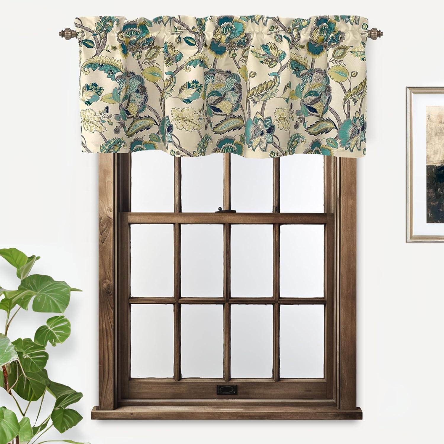 DriftAway  Layla Classic America Style Floral Leaves Room Darkening Window Curtain Valance Rod Pocket Eggshell Teal 52" width x 18 " length 2 pack